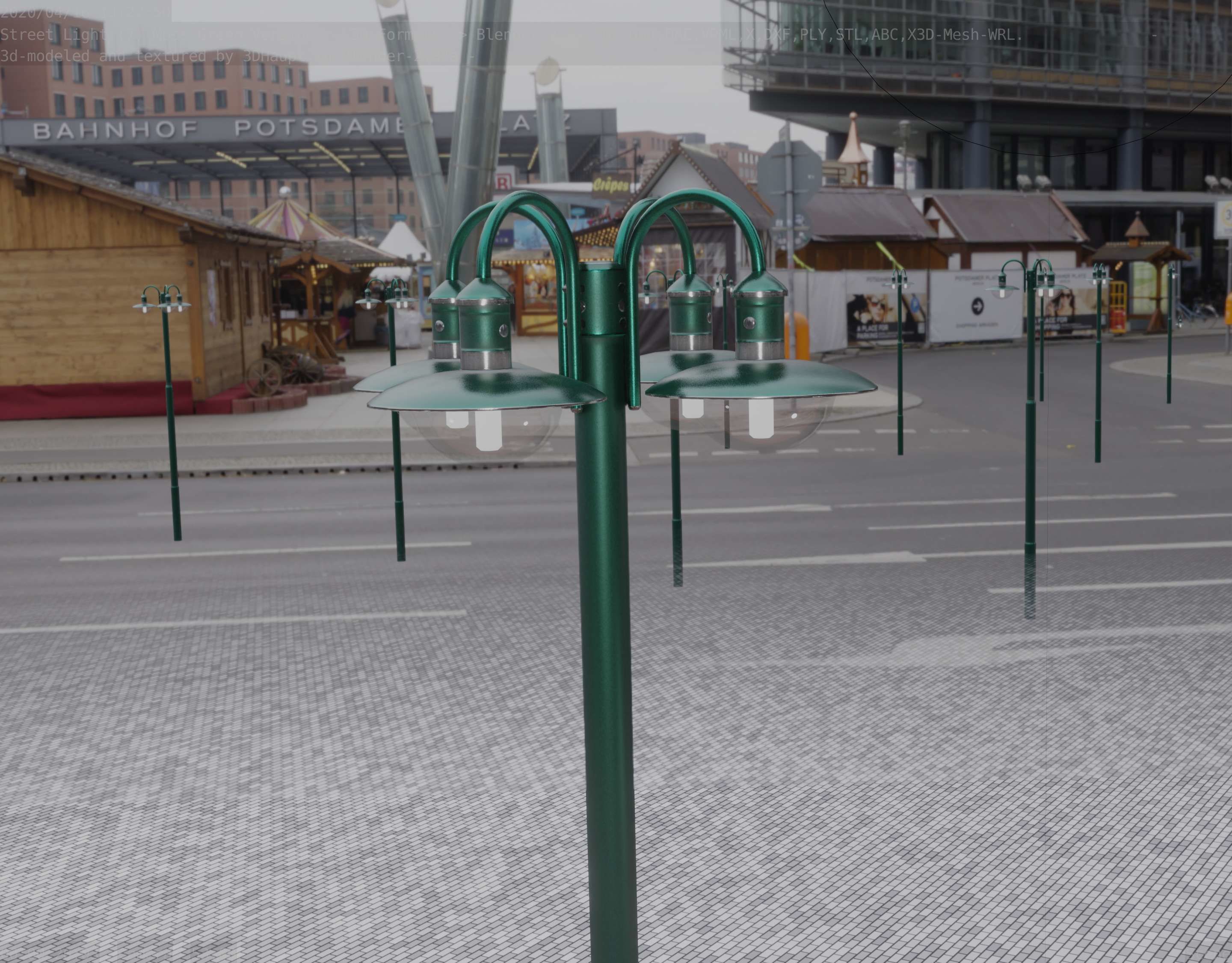 Street Light -7- Moss Green Version -4 Lamps- Low-poly 3D model_8