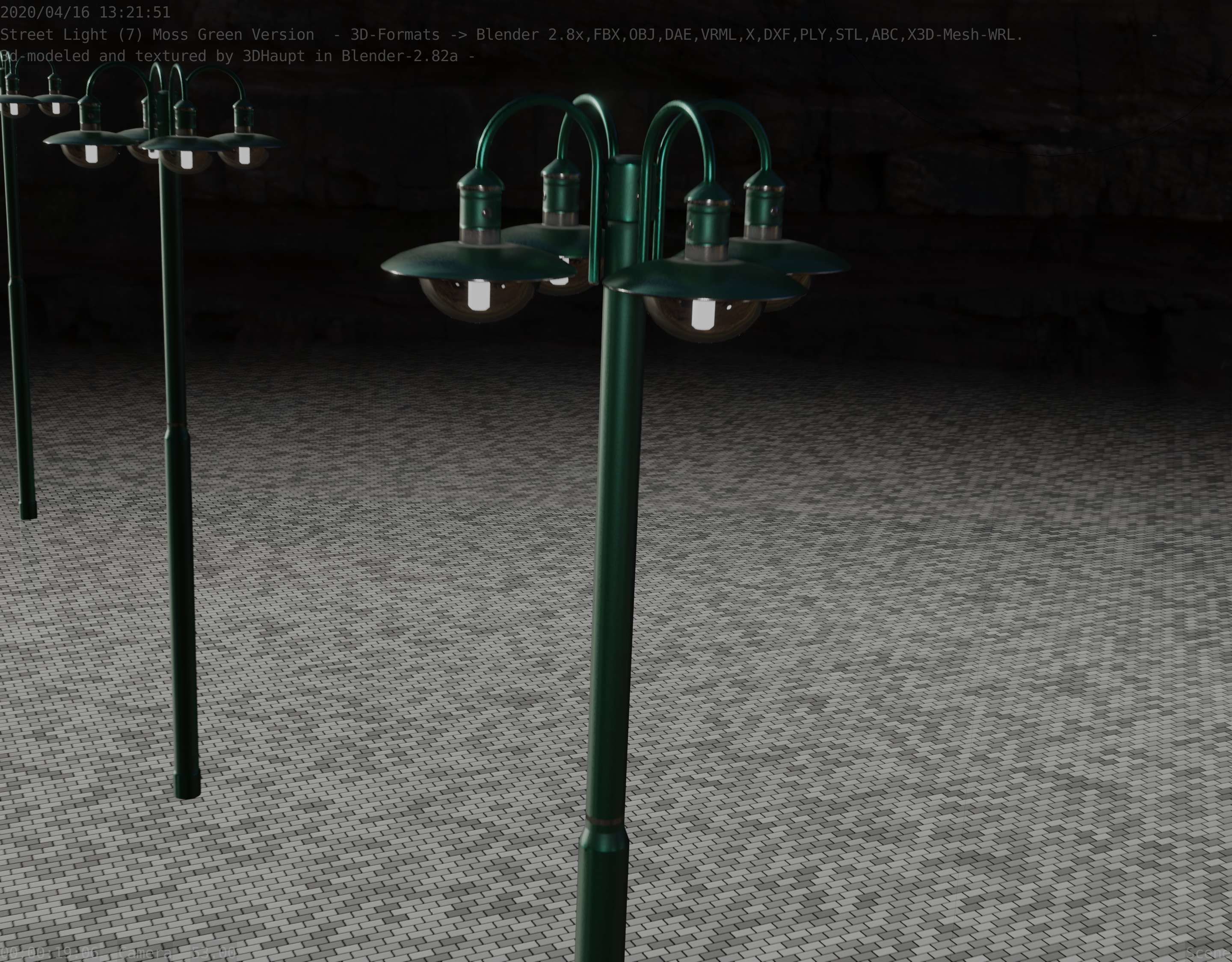 Street Light -7- Moss Green Version -4 Lamps- Low-poly 3D model_79