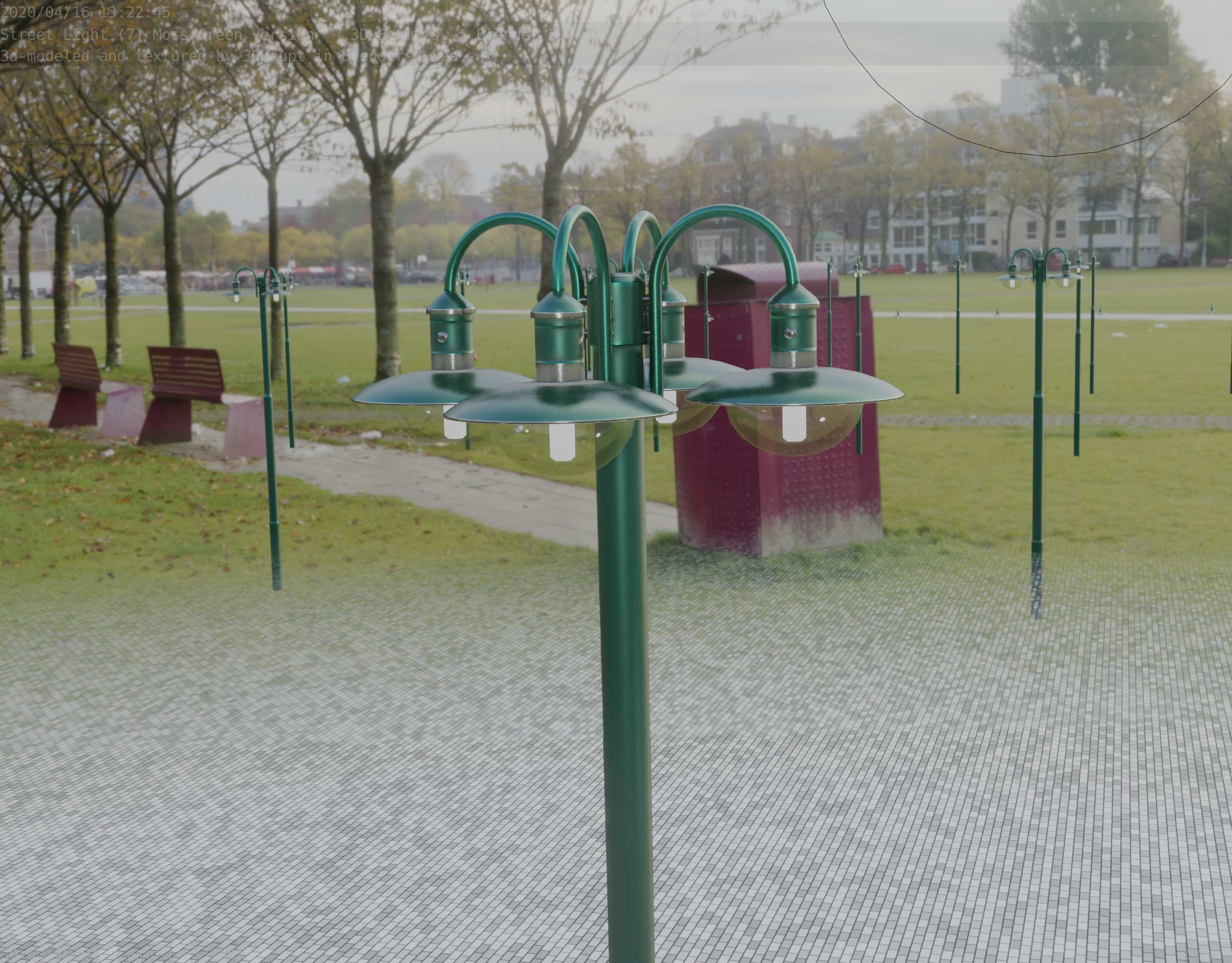 Street Light -7- Moss Green Version -4 Lamps- Low-poly 3D model_6