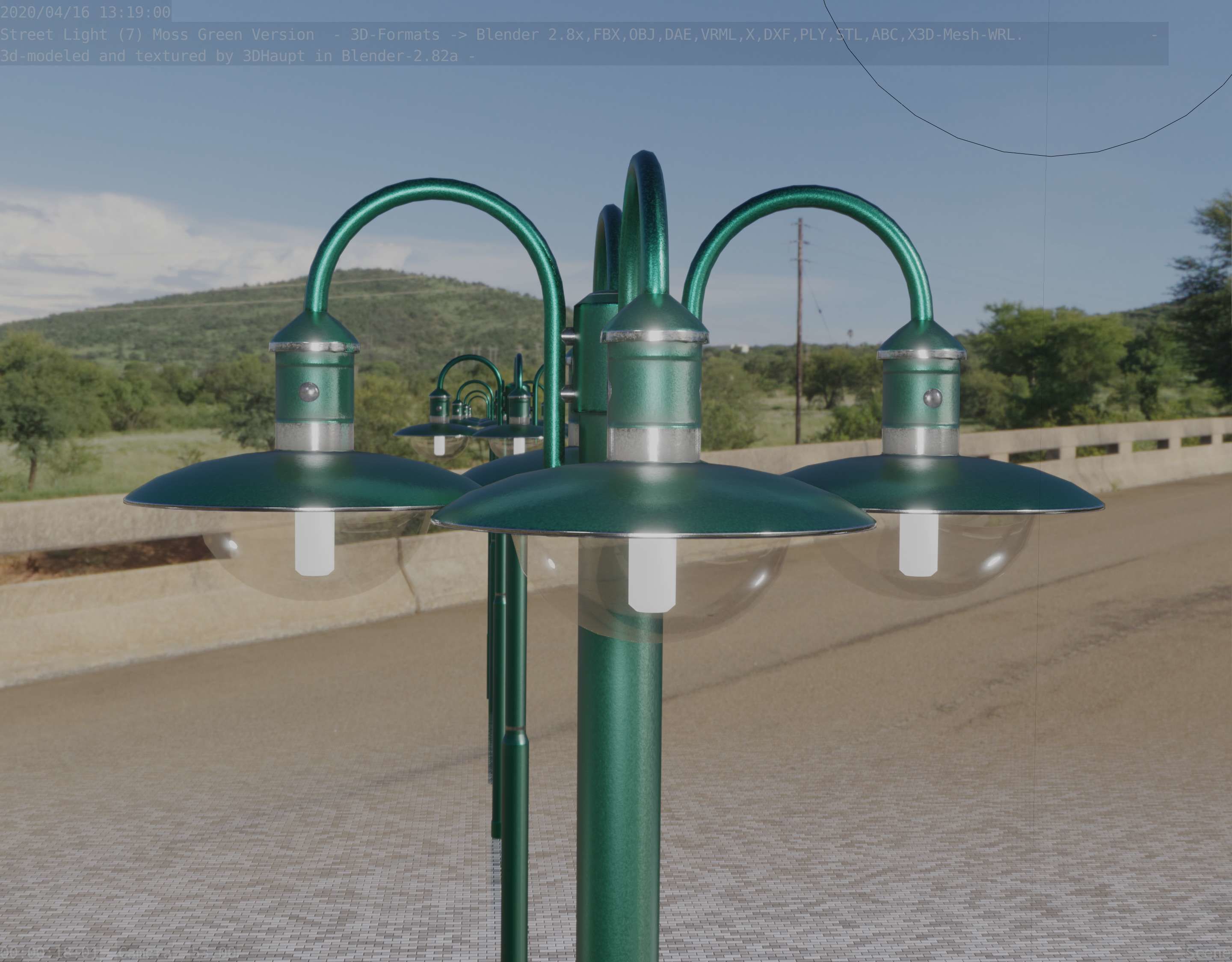 Street Light -7- Moss Green Version -4 Lamps- Low-poly 3D model_50