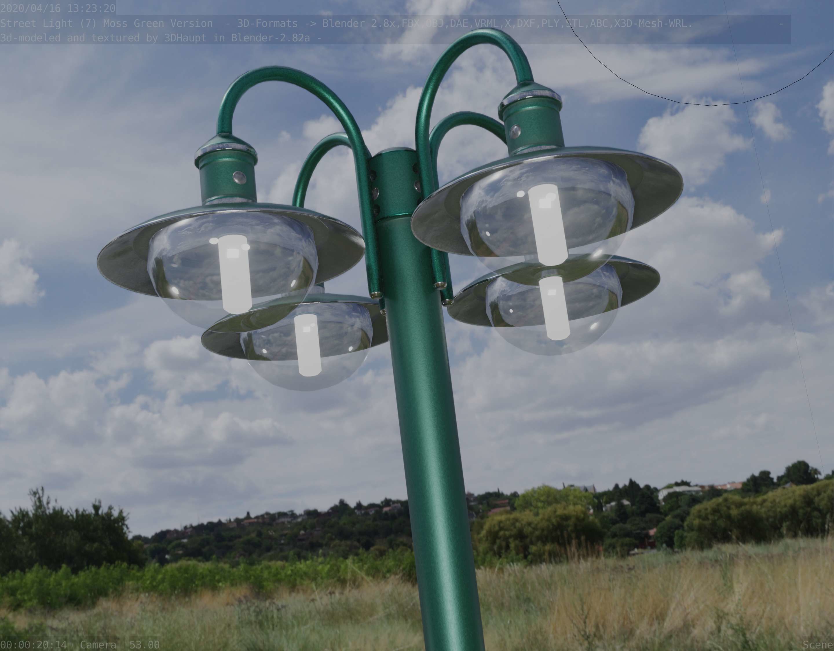 Street Light -7- Moss Green Version -4 Lamps- Low-poly 3D model_17