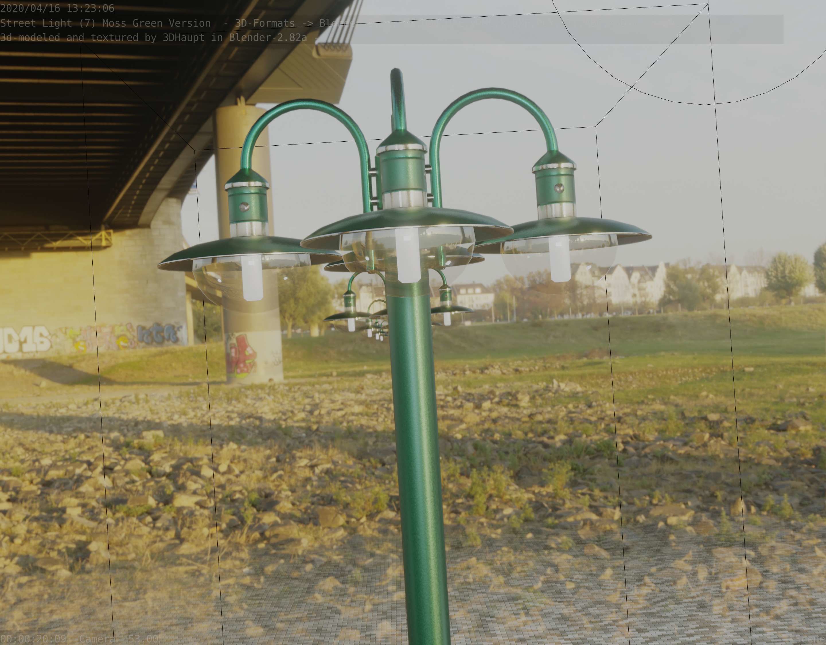 Street Light -7- Moss Green Version -4 Lamps- Low-poly 3D model_1