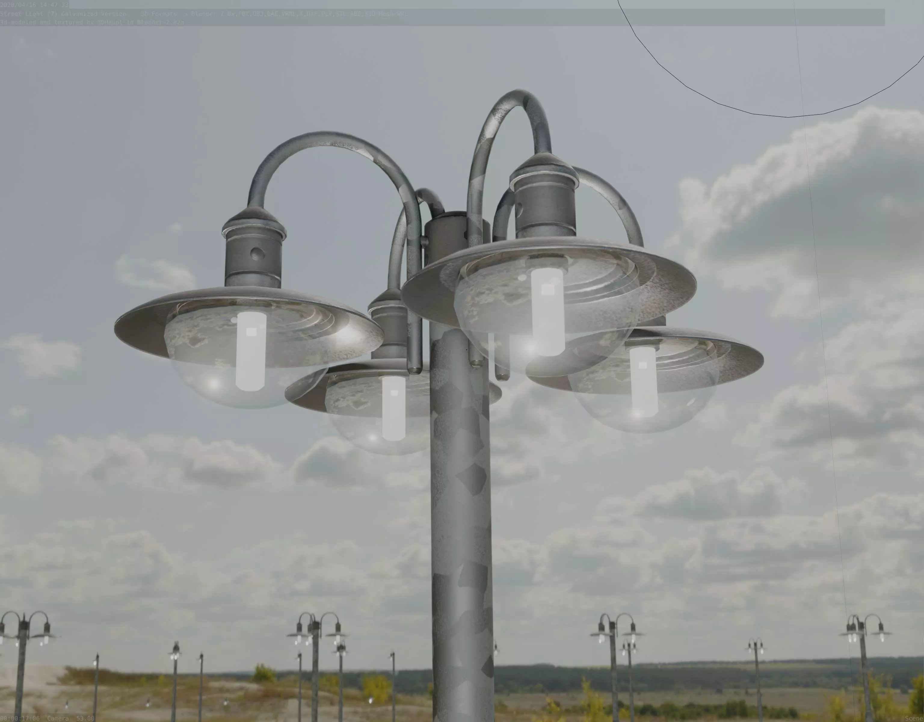 Street Light -7- Galvanized Version -4 Lamps- Low-poly 3D model_0