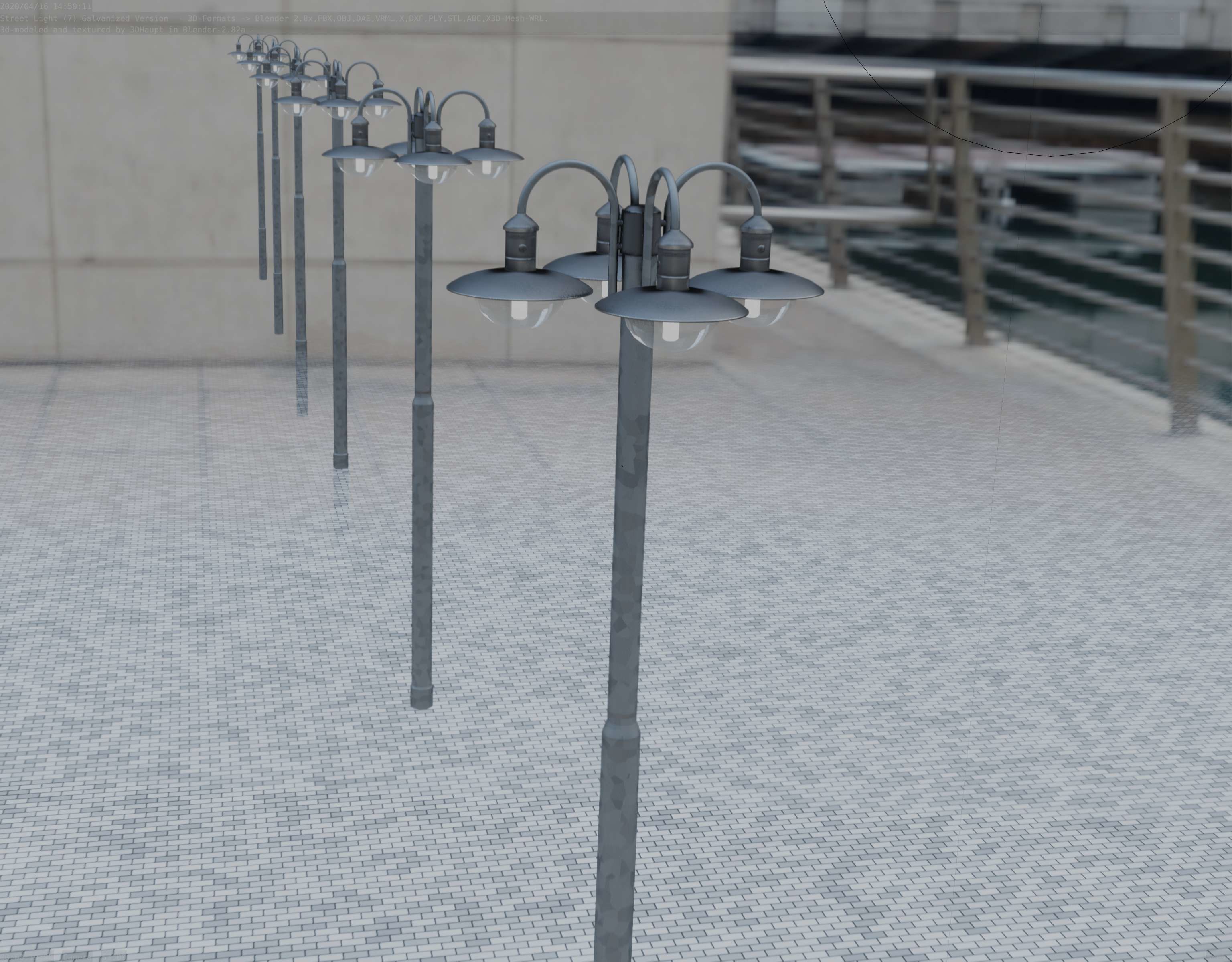 Street Light -7- Galvanized Version -4 Lamps- Low-poly 3D model_64