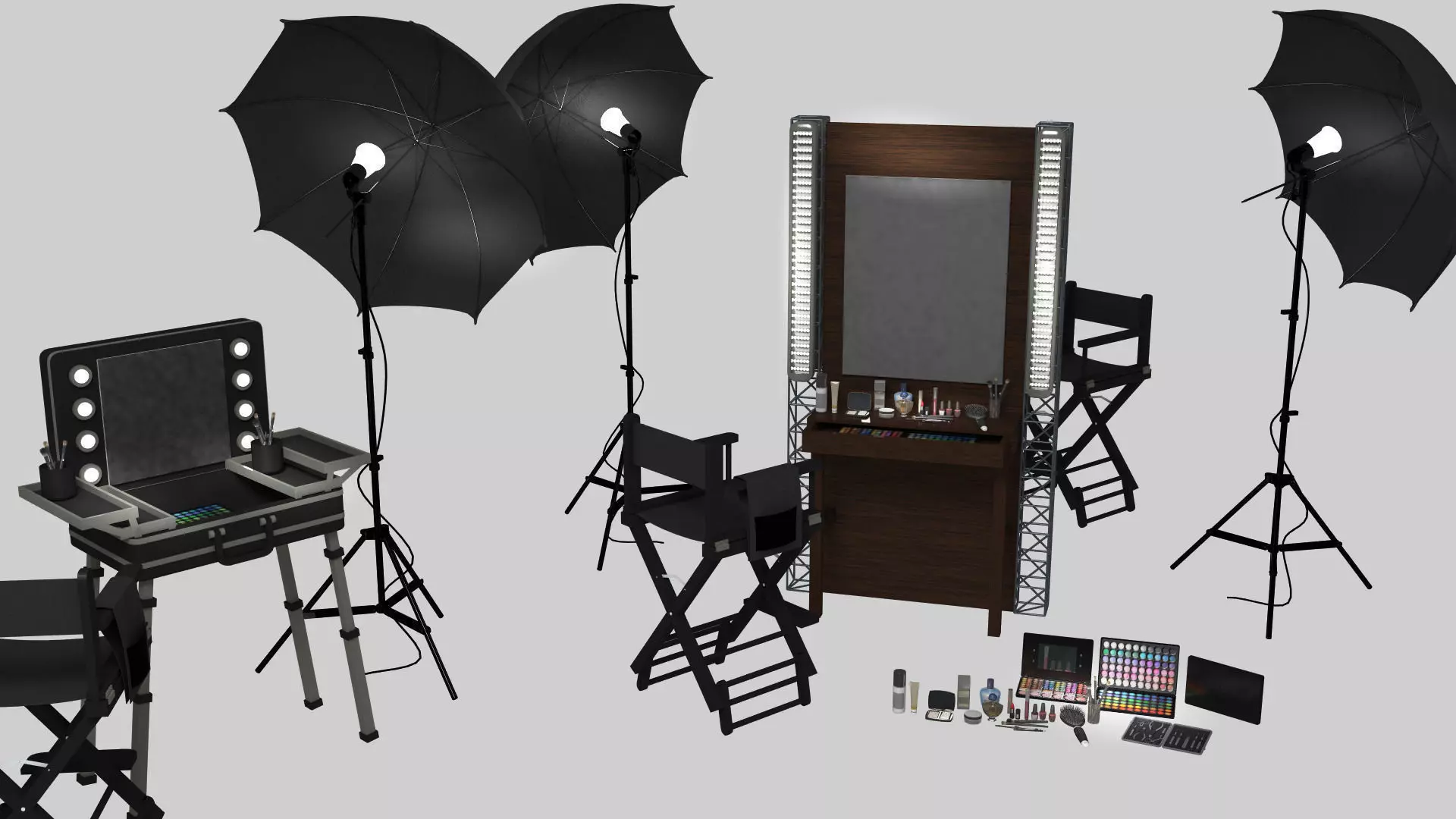 CosmeticSet makeup table with lights and umbrellas 3D model