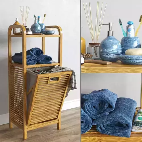 Bamboo shelf with laundry basket with accessories