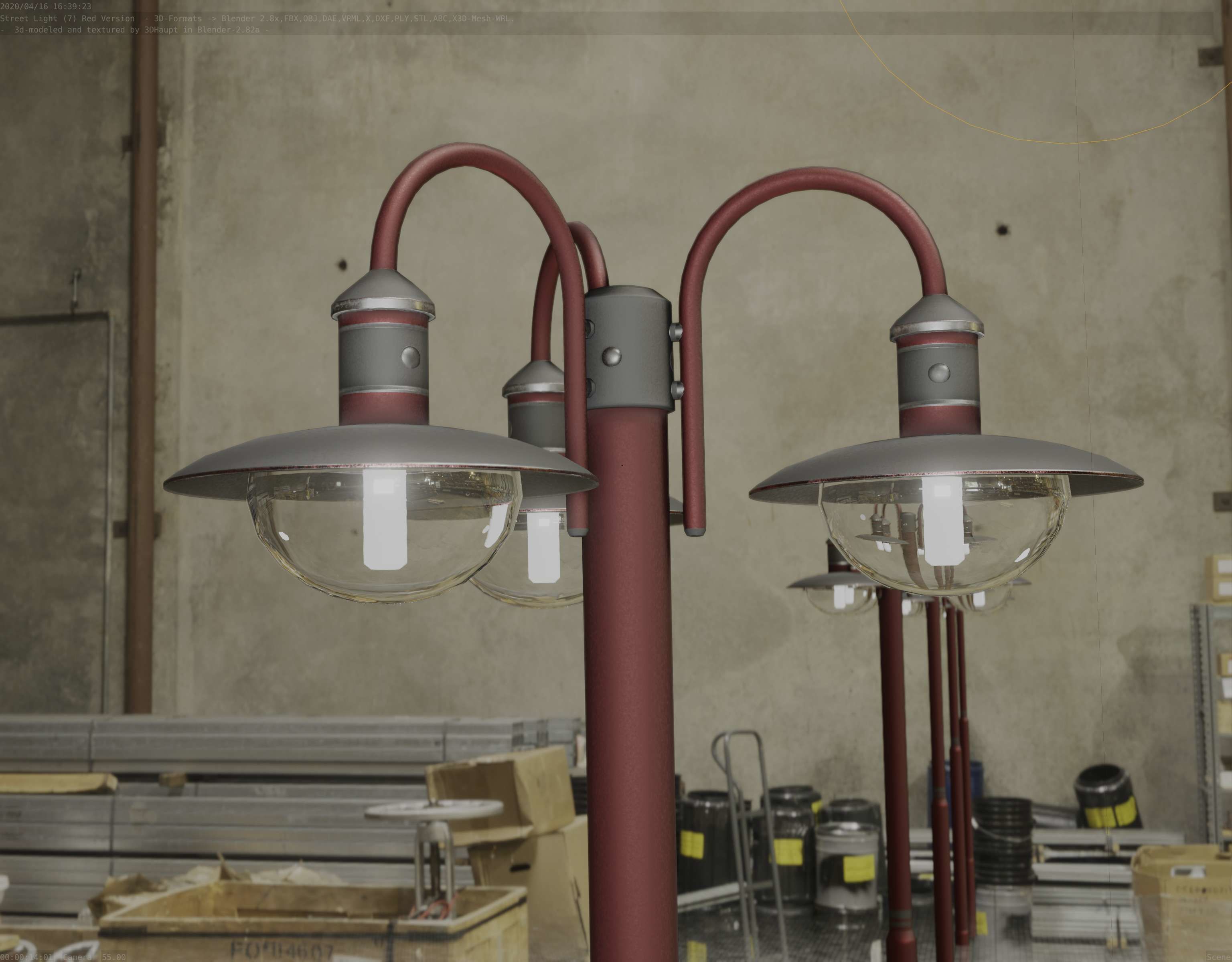 Street Light -7- Red Version -3 Lamps-  Low-poly 3D model_43