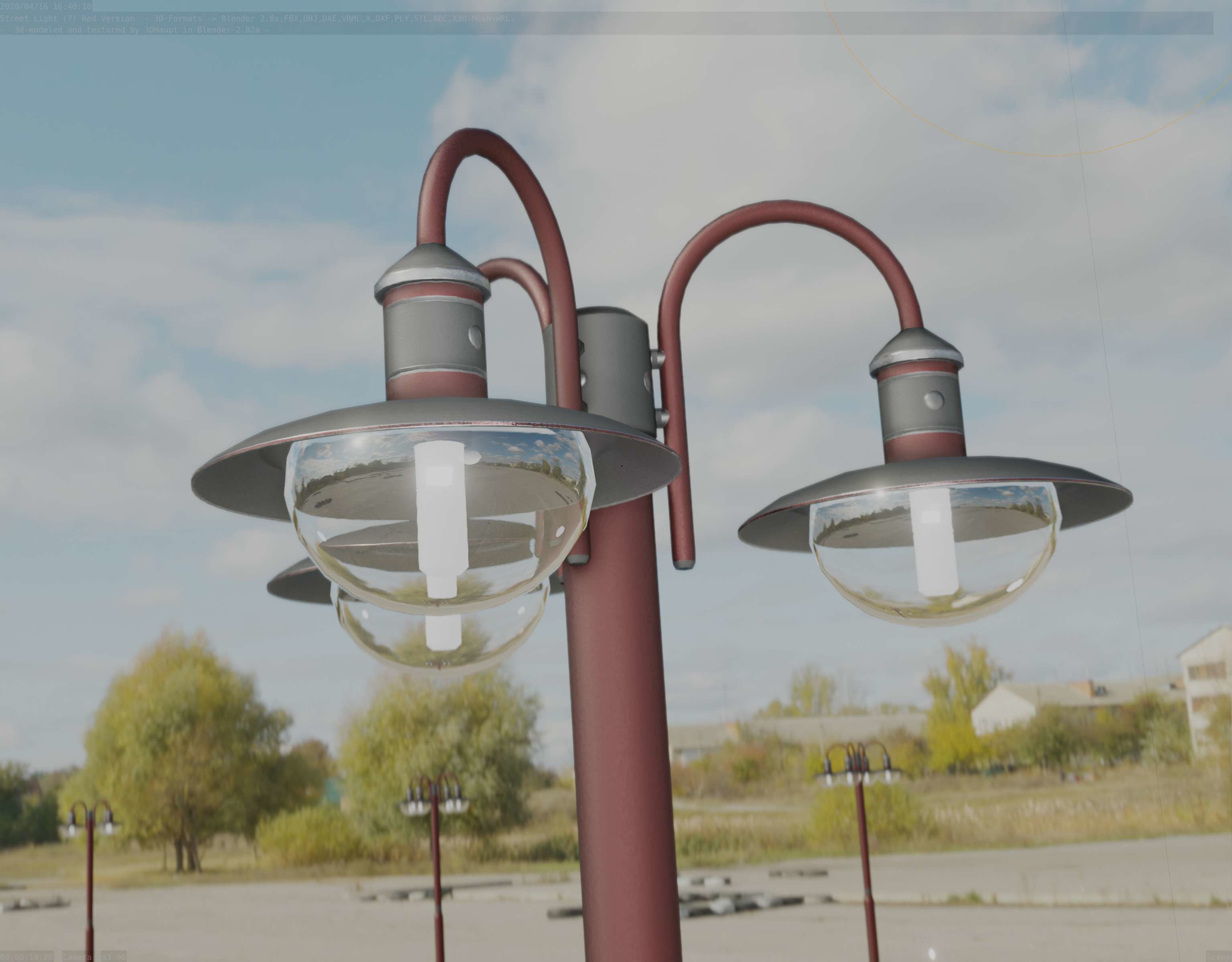 Street Light -7- Red Version -3 Lamps-  Low-poly 3D model_61