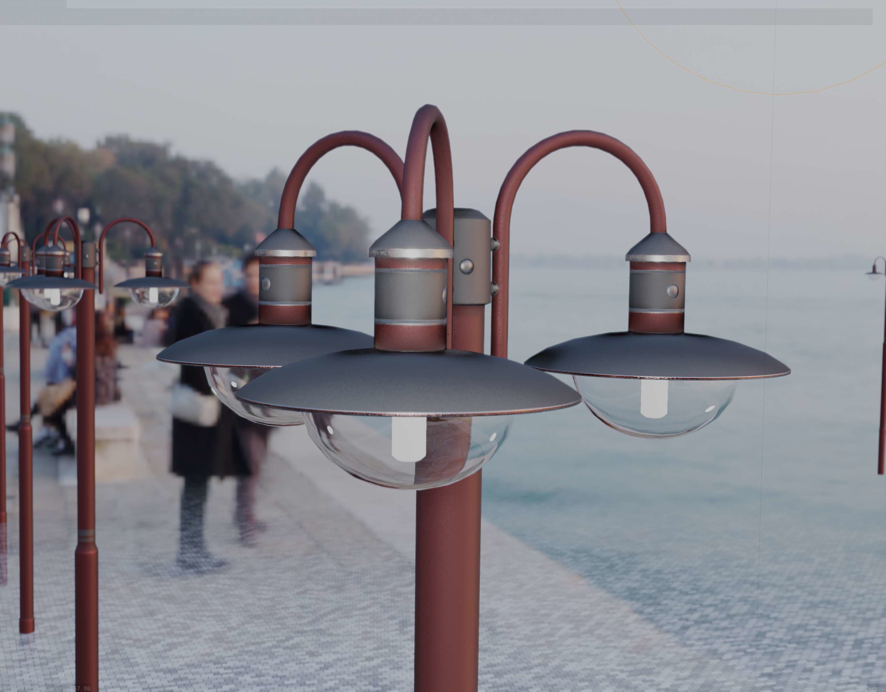 Street Light -7- Red Version -3 Lamps-  Low-poly 3D model_34
