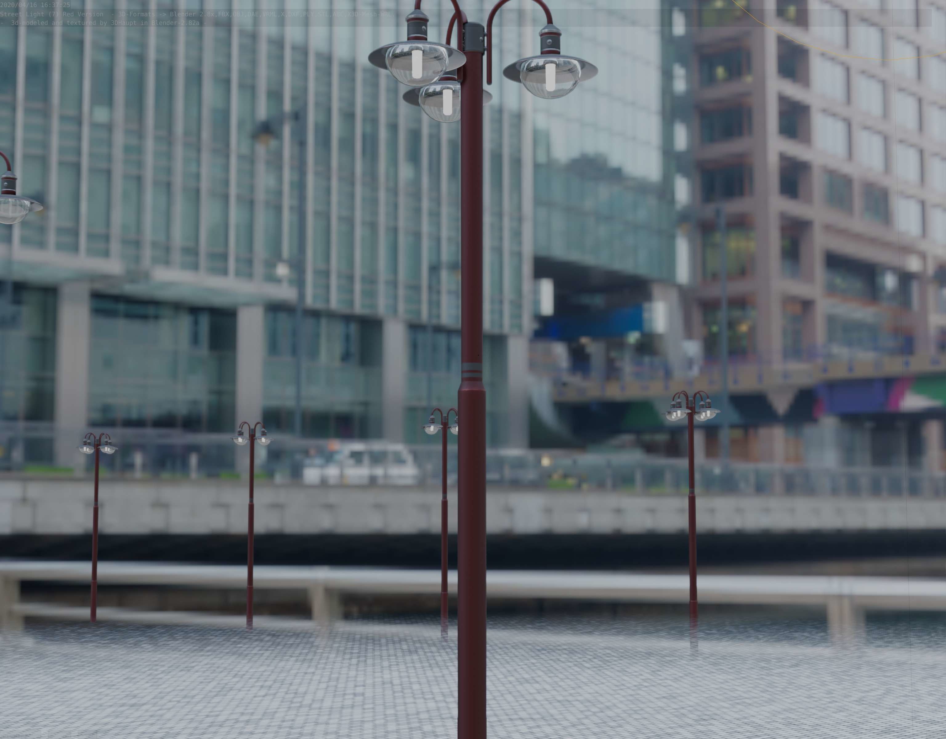 Street Light -7- Red Version -3 Lamps-  Low-poly 3D model_11