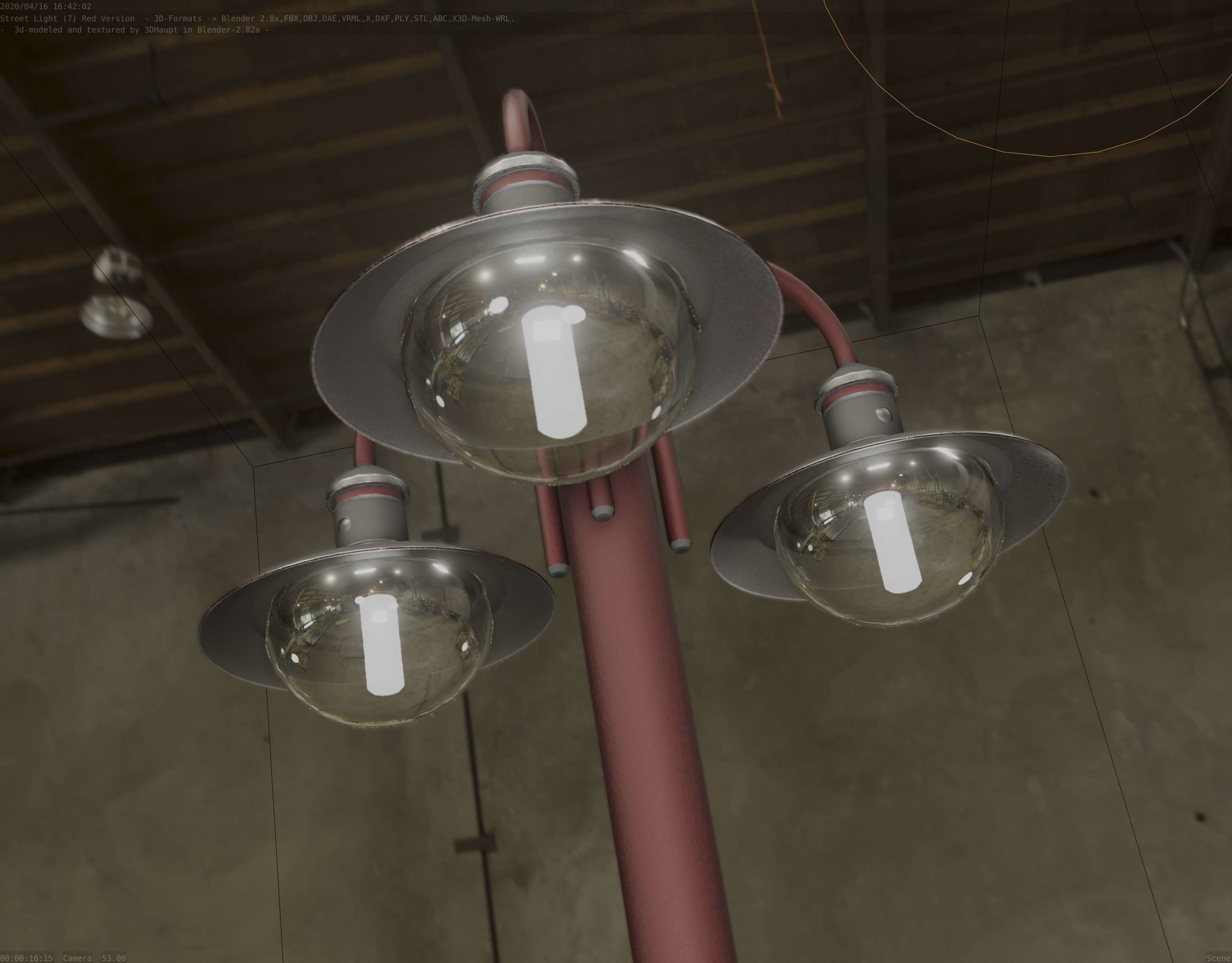 Street Light -7- Red Version -3 Lamps-  Low-poly 3D model_9