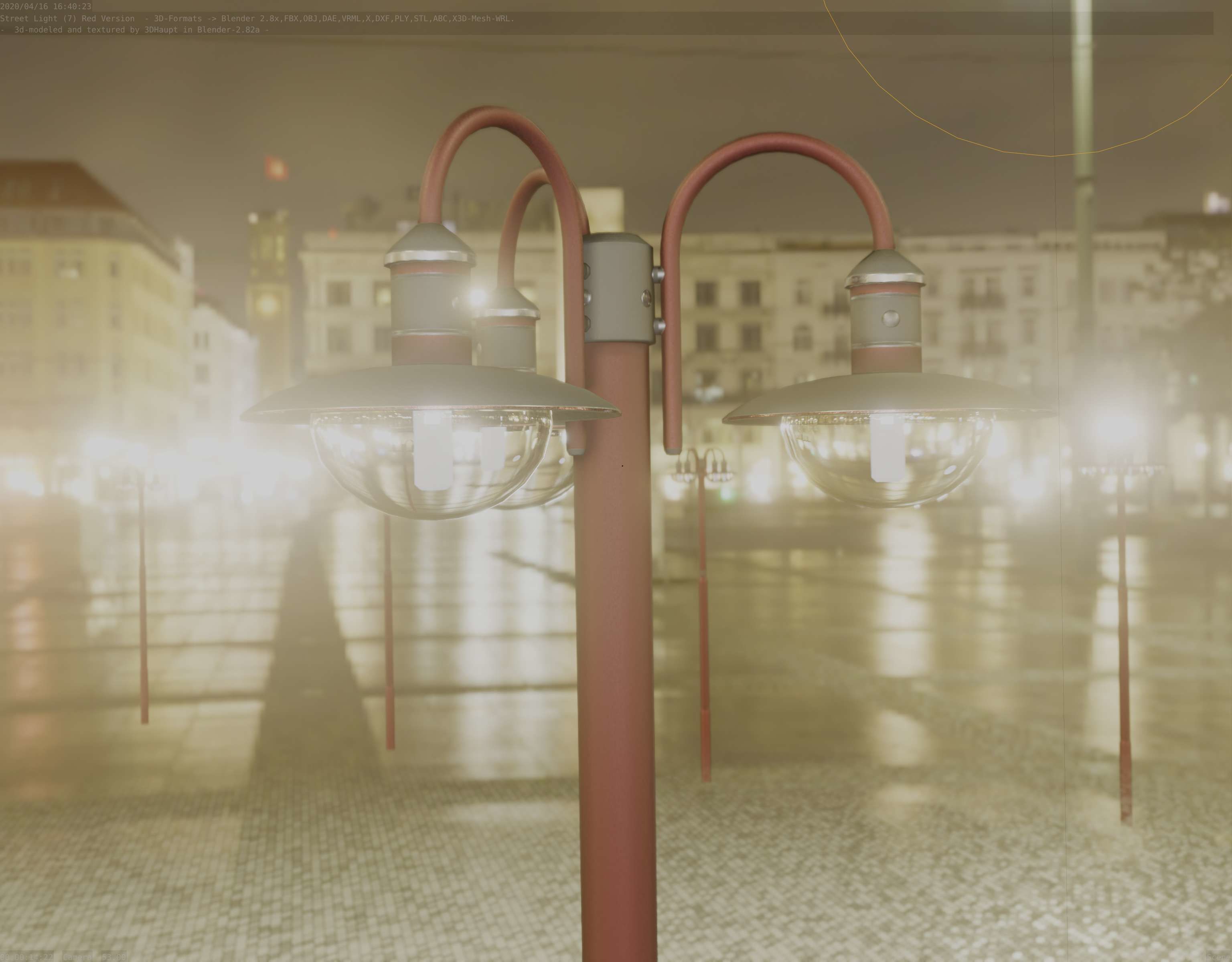 Street Light -7- Red Version -3 Lamps-  Low-poly 3D model_63