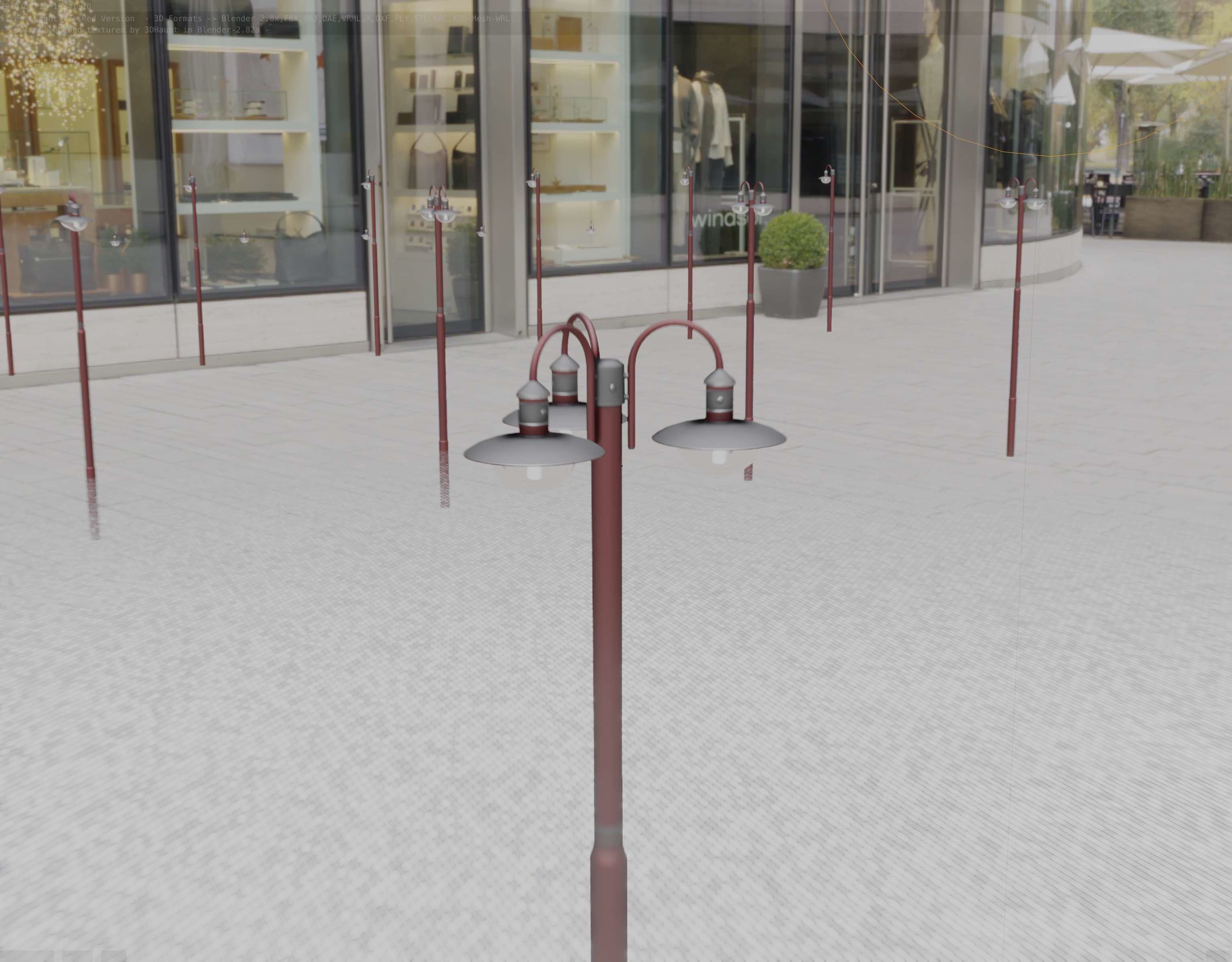 Street Light -7- Red Version -3 Lamps-  Low-poly 3D model_82