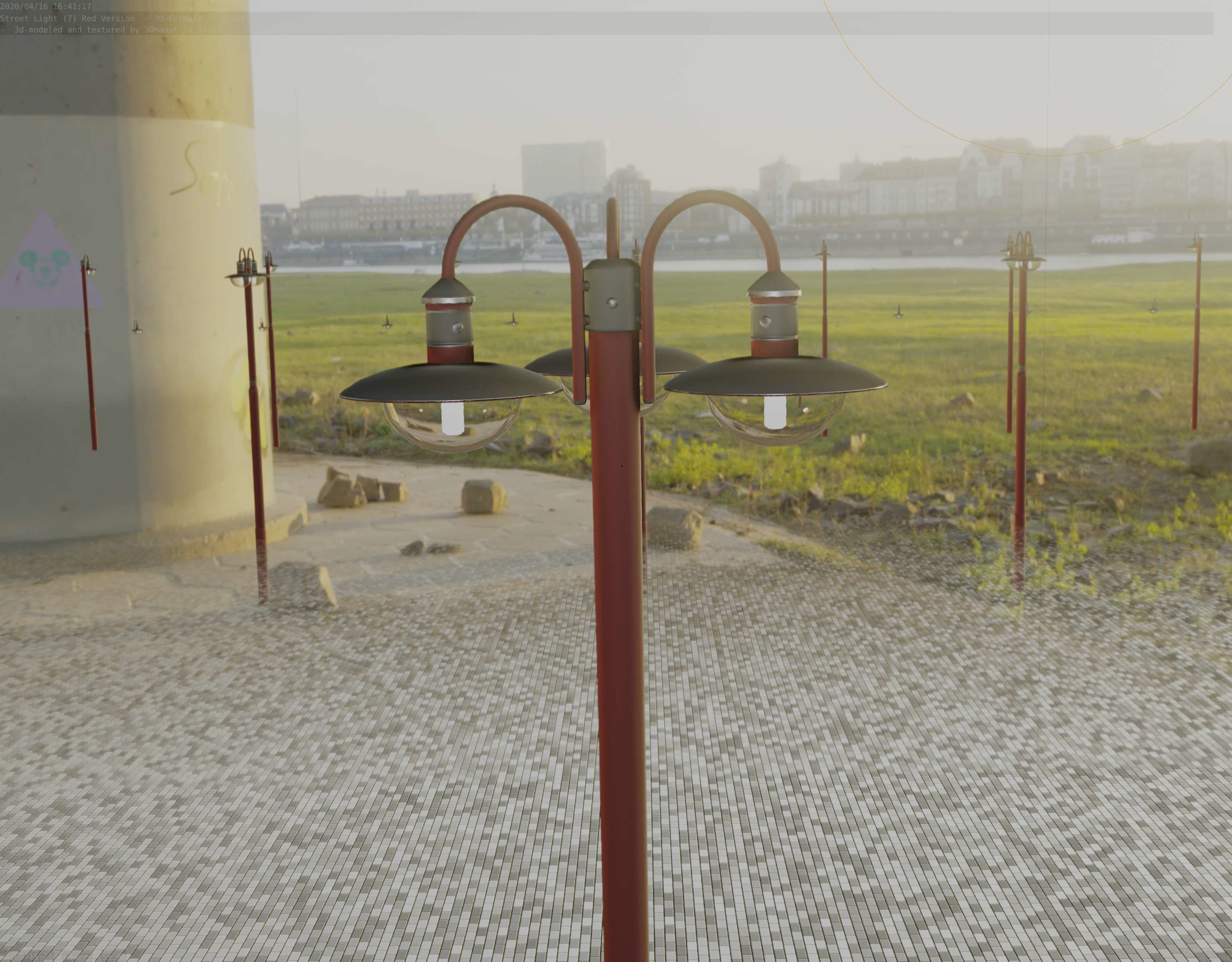 Street Light -7- Red Version -3 Lamps-  Low-poly 3D model_85