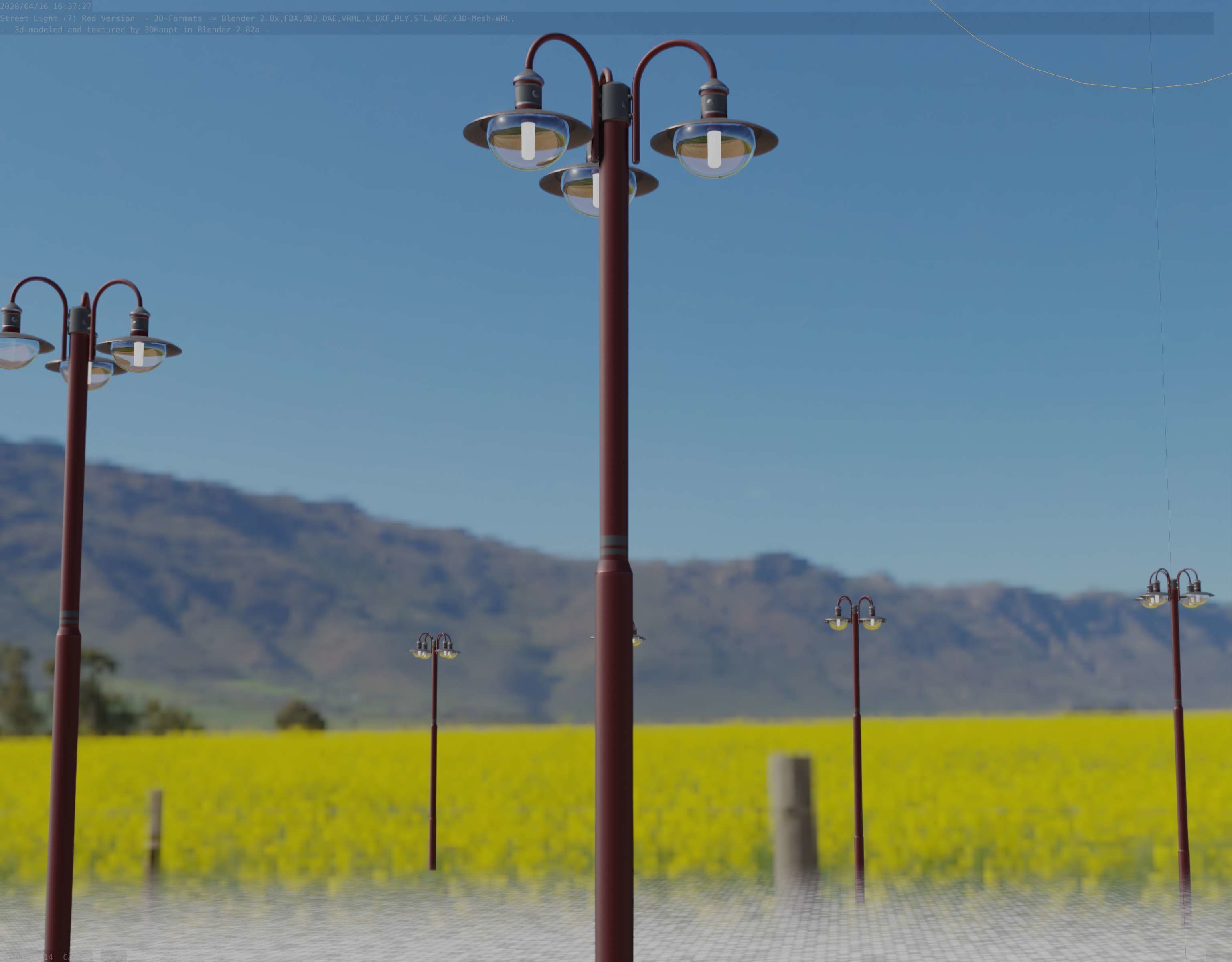 Street Light -7- Red Version -3 Lamps-  Low-poly 3D model_12