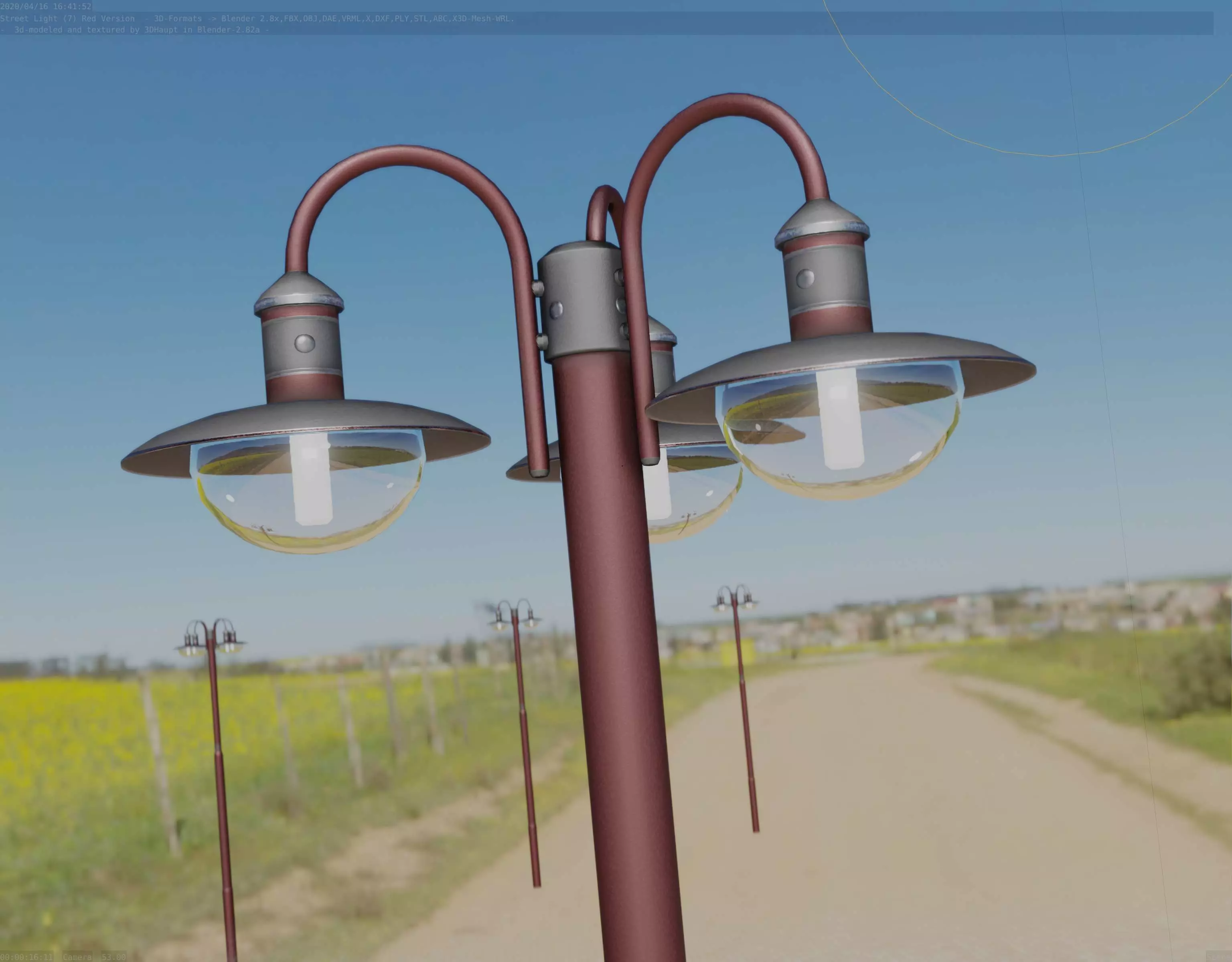 Street Light -7- Red Version -3 Lamps-  Low-poly 3D model_0