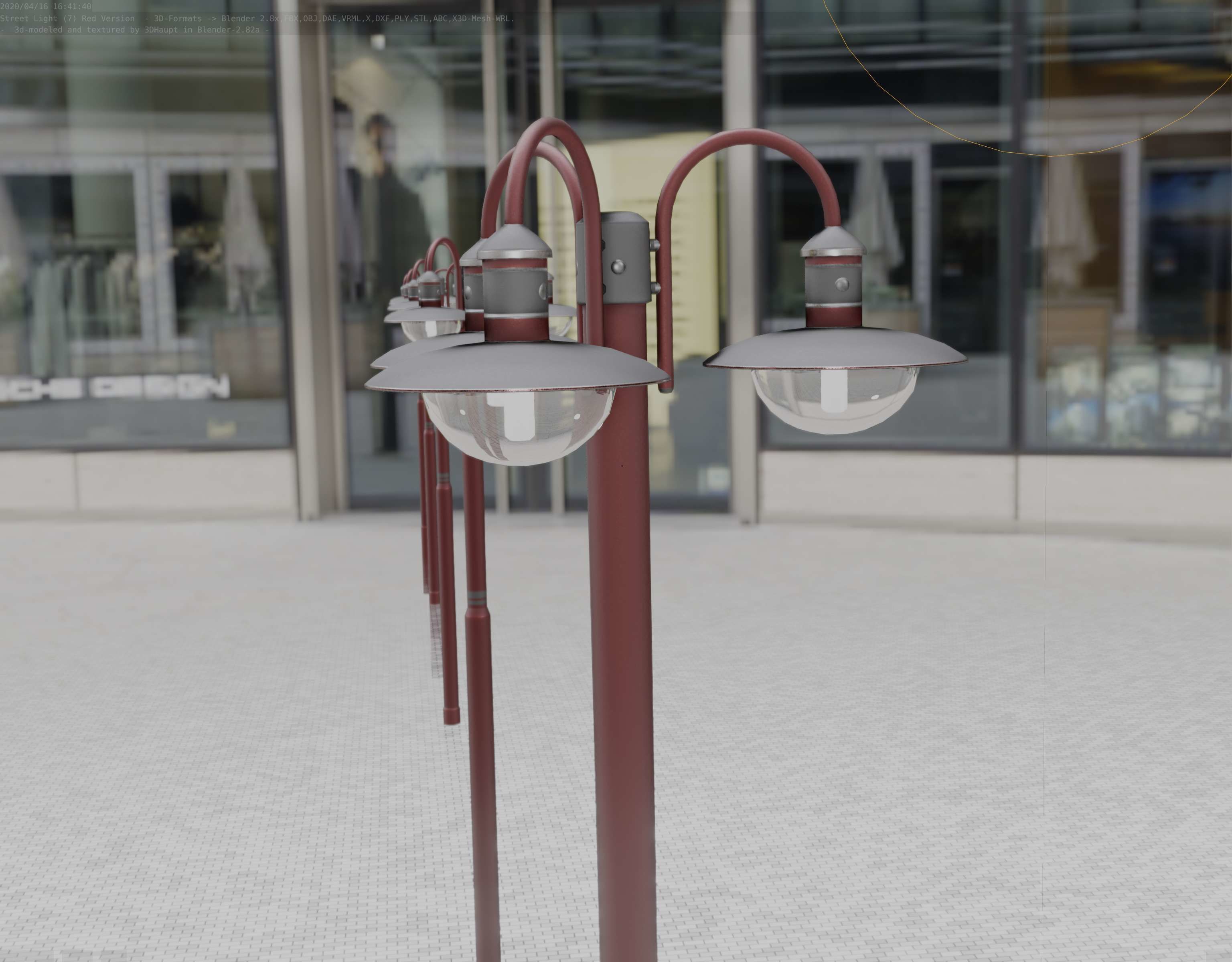 Street Light -7- Red Version -3 Lamps-  Low-poly 3D model_95