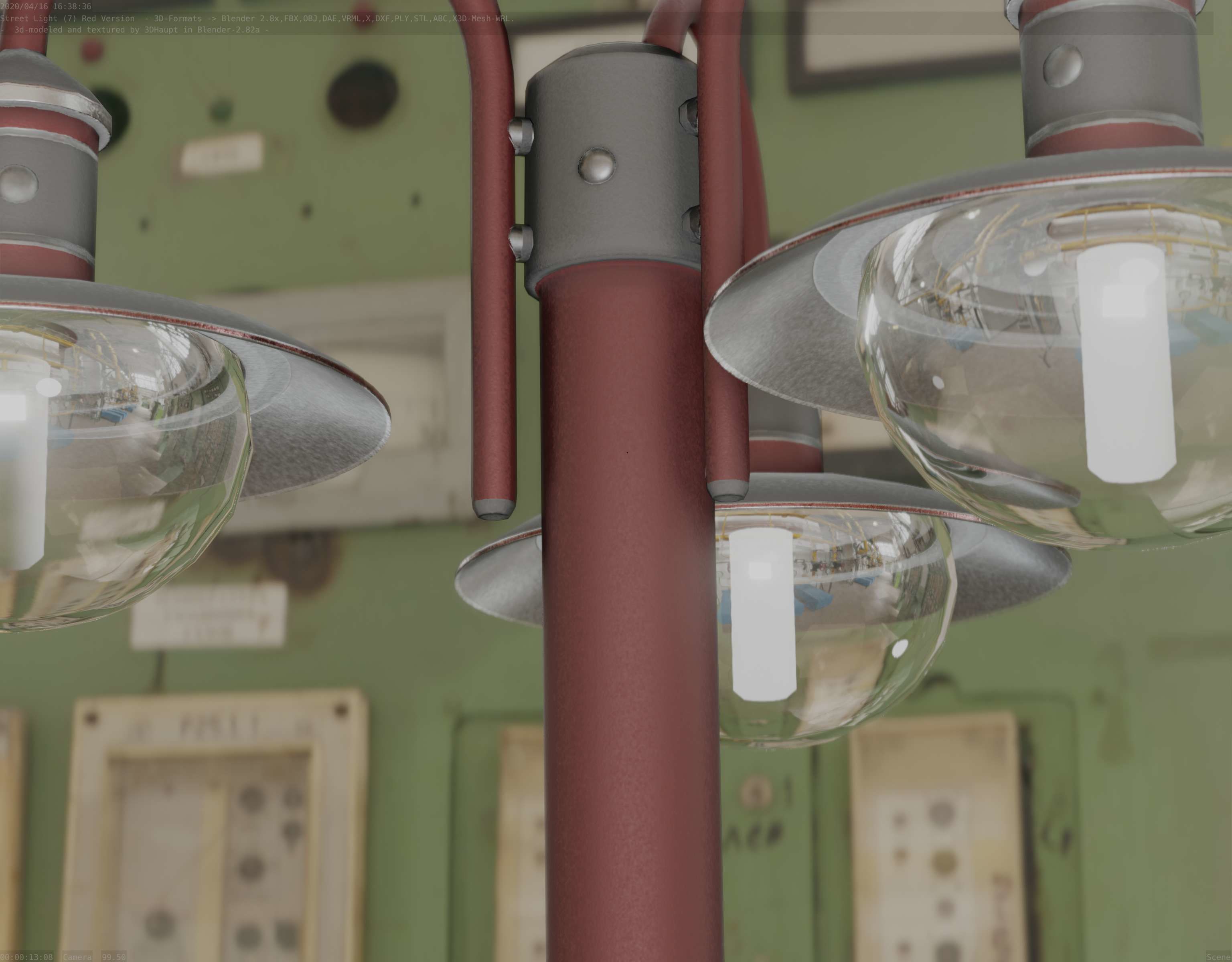 Street Light -7- Red Version -3 Lamps-  Low-poly 3D model_5