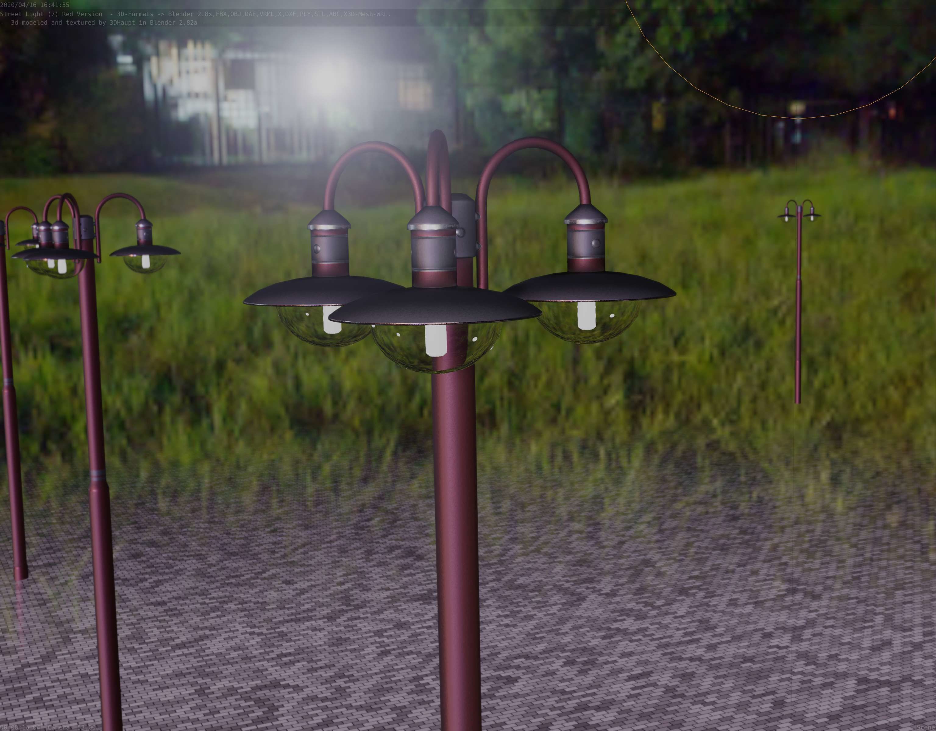Street Light -7- Red Version -3 Lamps-  Low-poly 3D model_93