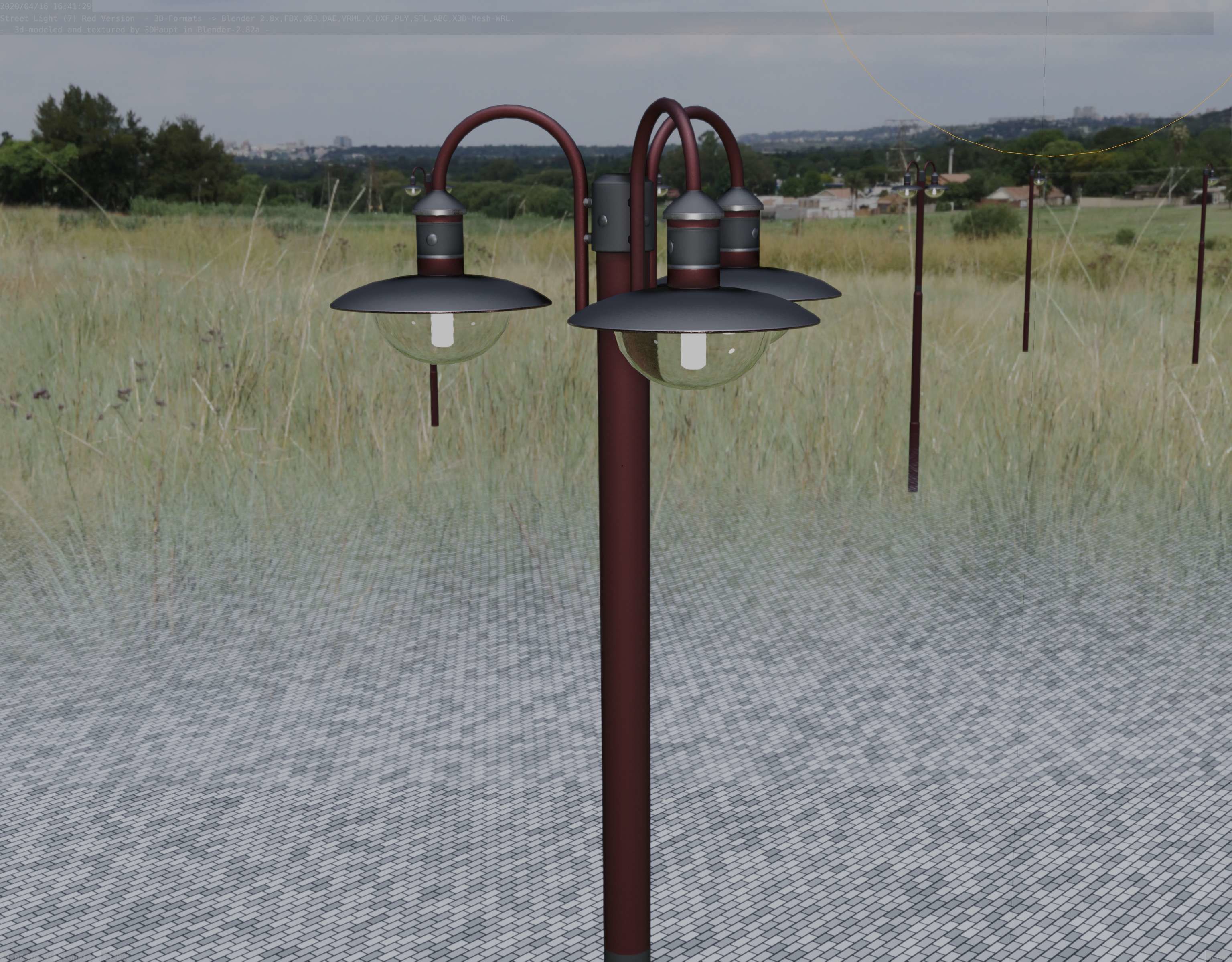 Street Light -7- Red Version -3 Lamps-  Low-poly 3D model_90
