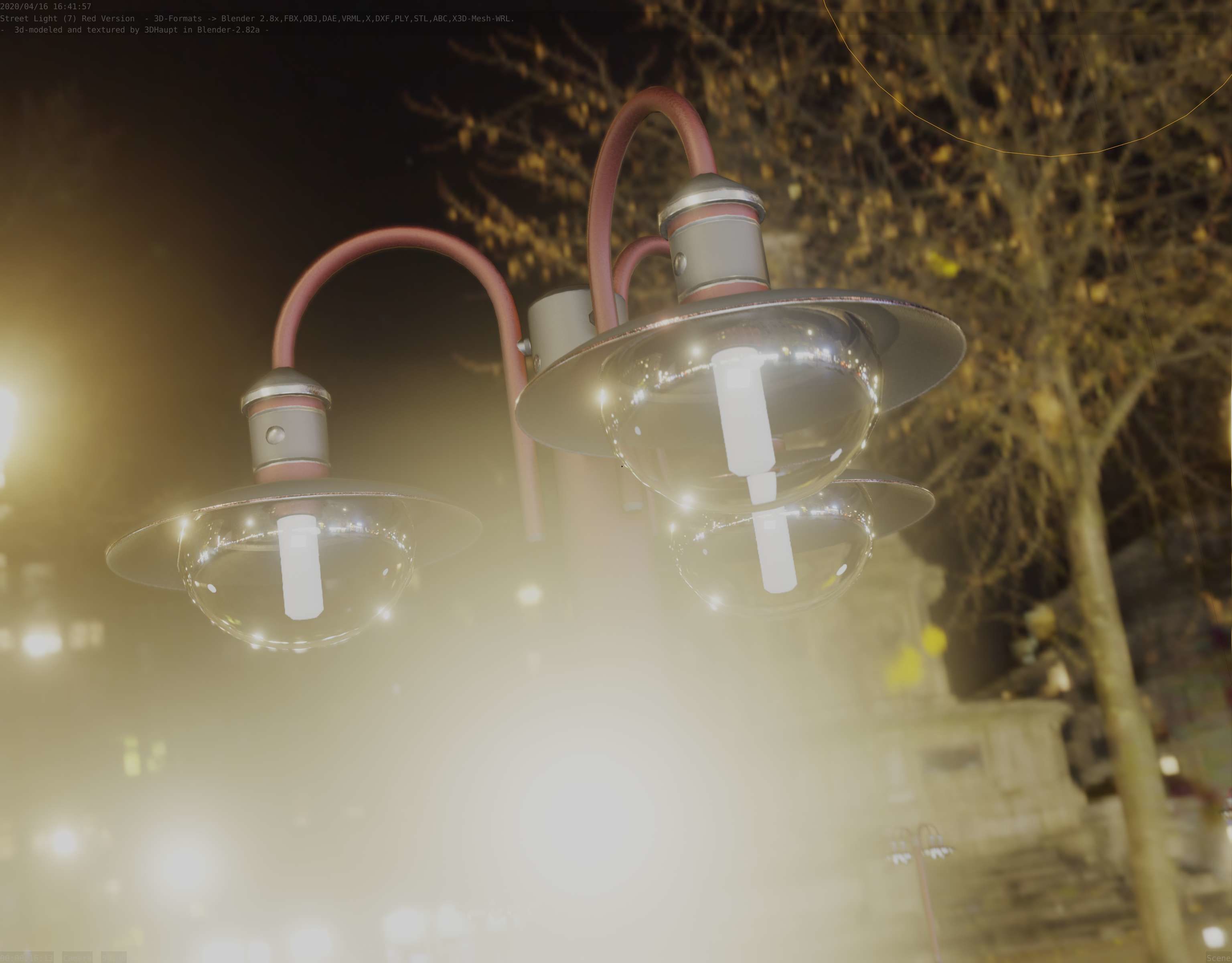 Street Light -7- Red Version -3 Lamps-  Low-poly 3D model_6