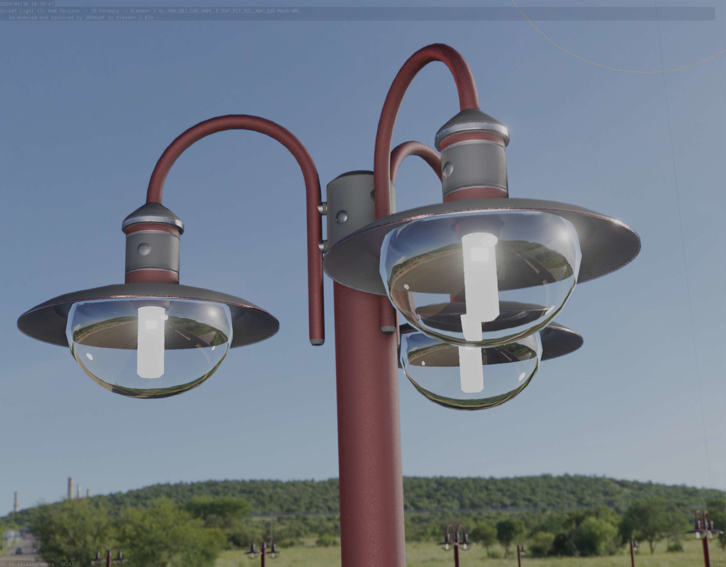 Street Light -7- Red Version -3 Lamps-  Low-poly 3D model_30