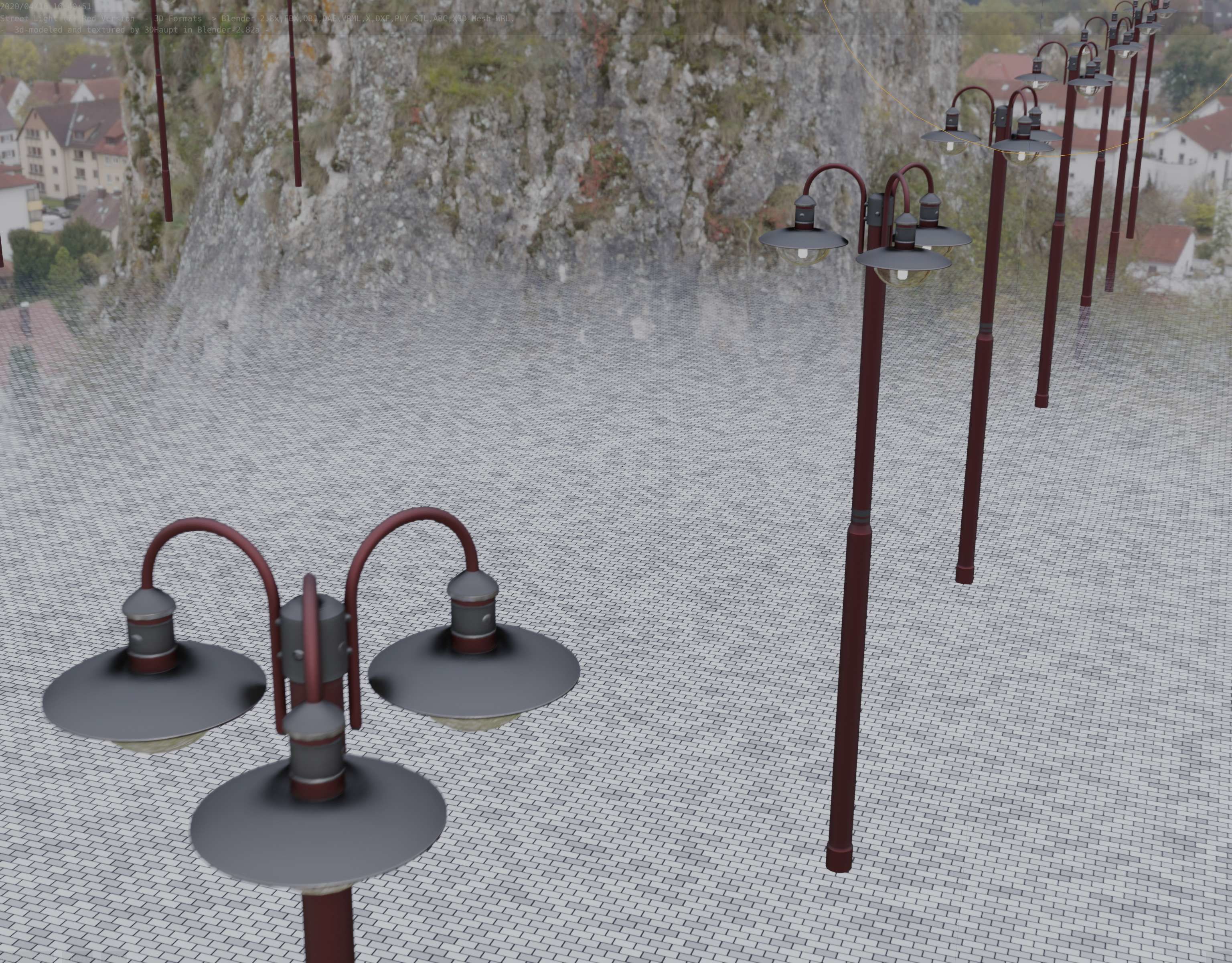 Street Light -7- Red Version -3 Lamps-  Low-poly 3D model_74