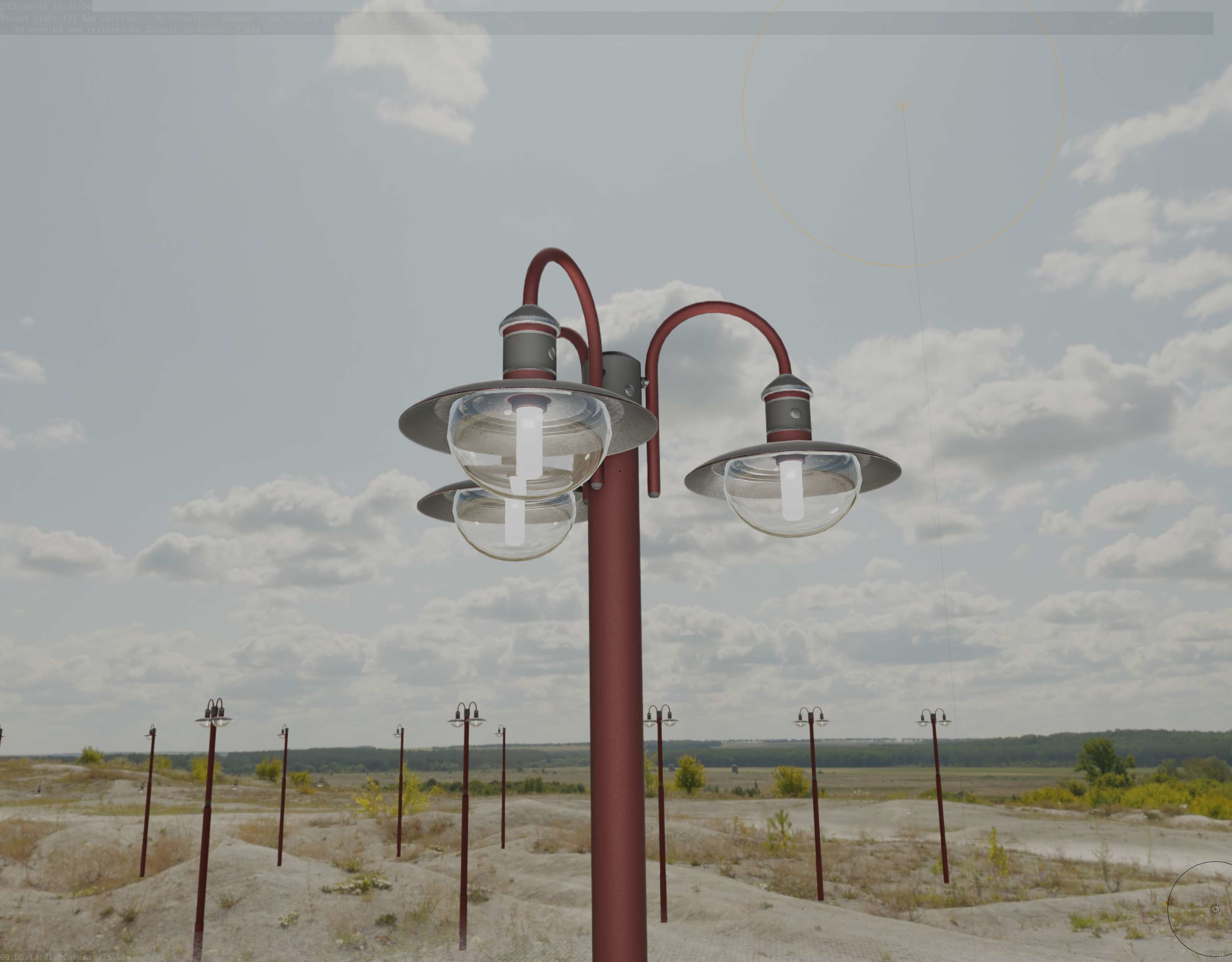Street Light -7- Red Version -3 Lamps-  Low-poly 3D model_20