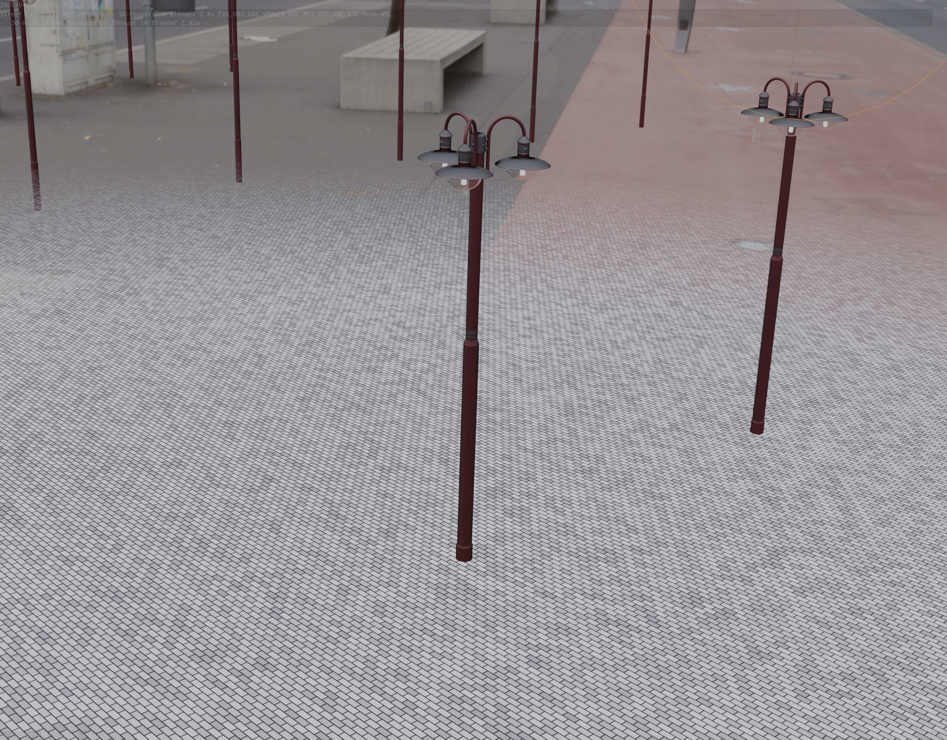 Street Light -7- Red Version -3 Lamps-  Low-poly 3D model_79