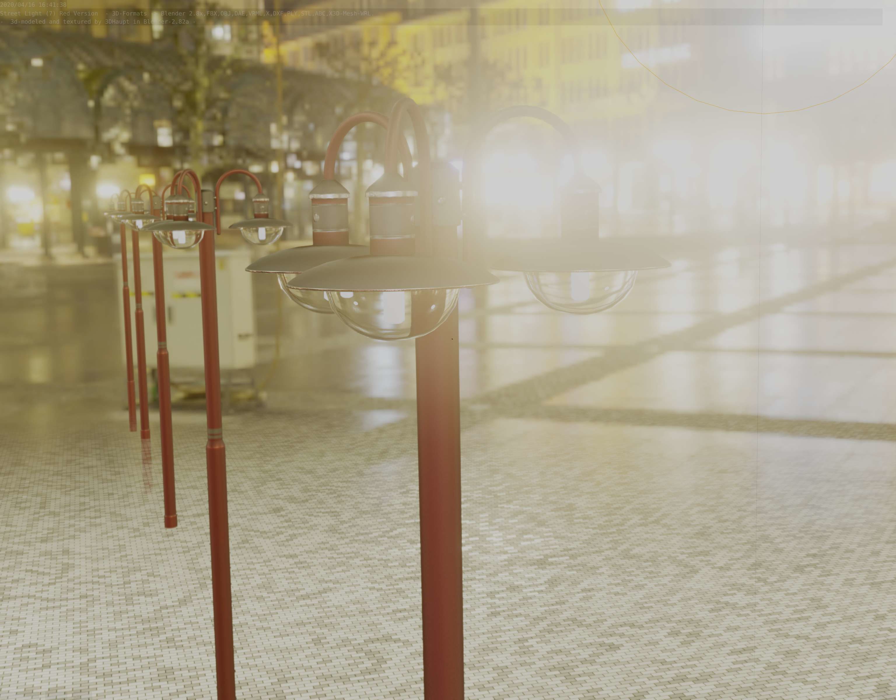 Street Light -7- Red Version -3 Lamps-  Low-poly 3D model_94