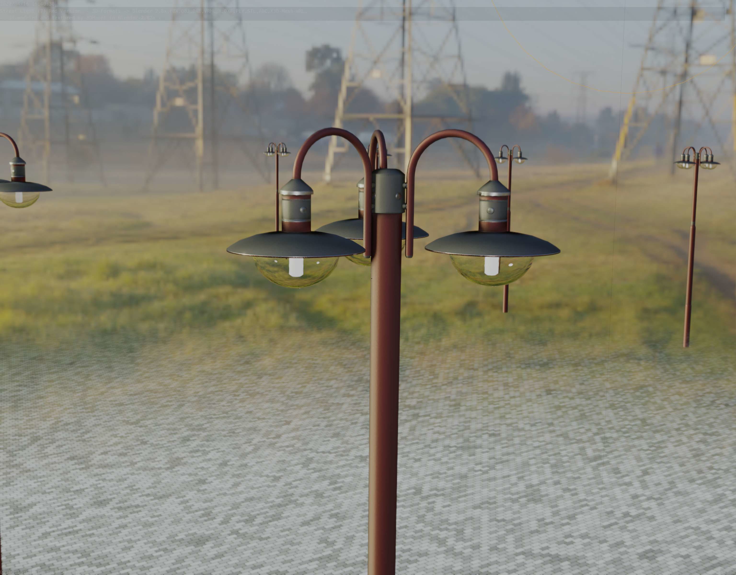 Street Light -7- Red Version -3 Lamps-  Low-poly 3D model_66