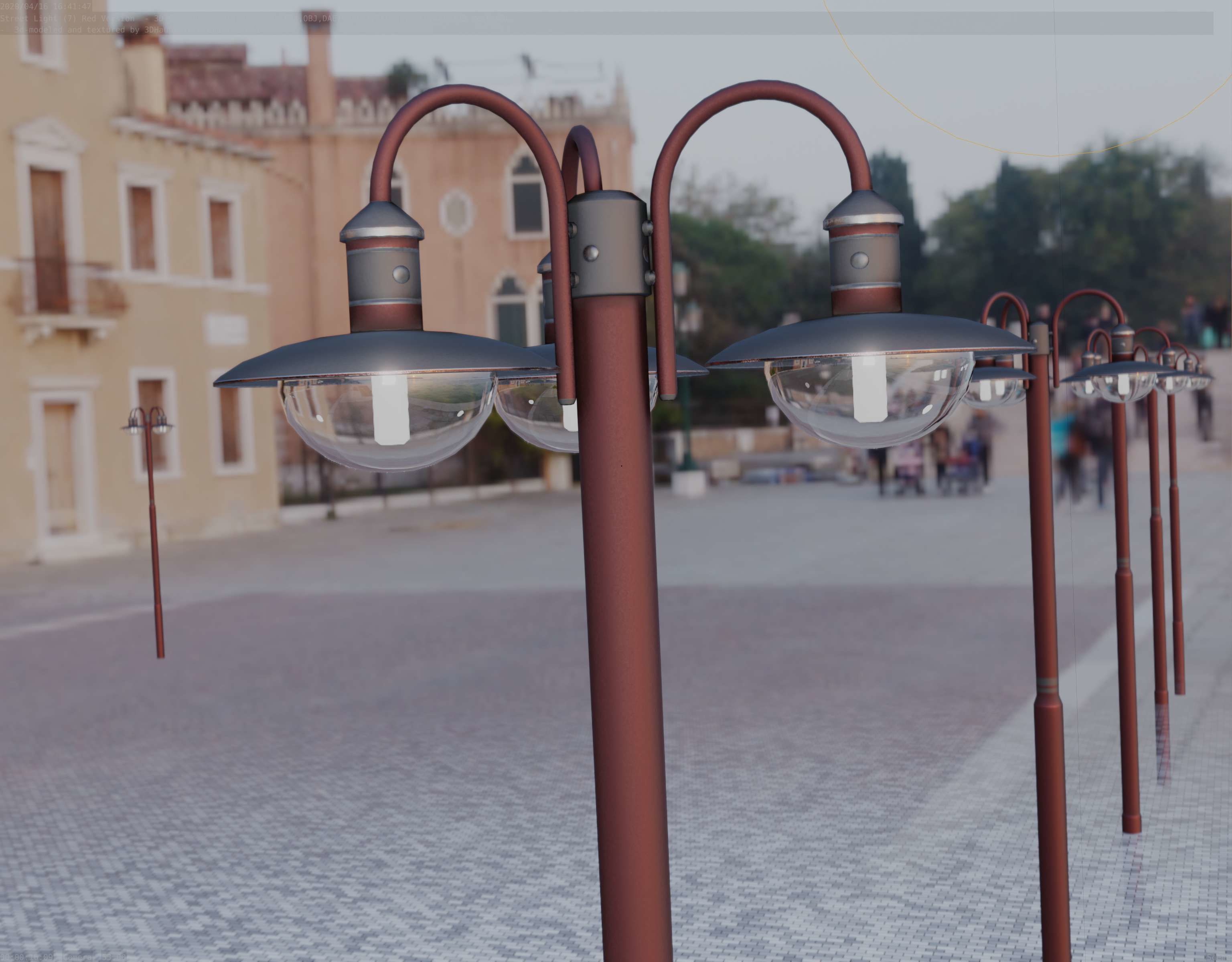 Street Light -7- Red Version -3 Lamps-  Low-poly 3D model_98