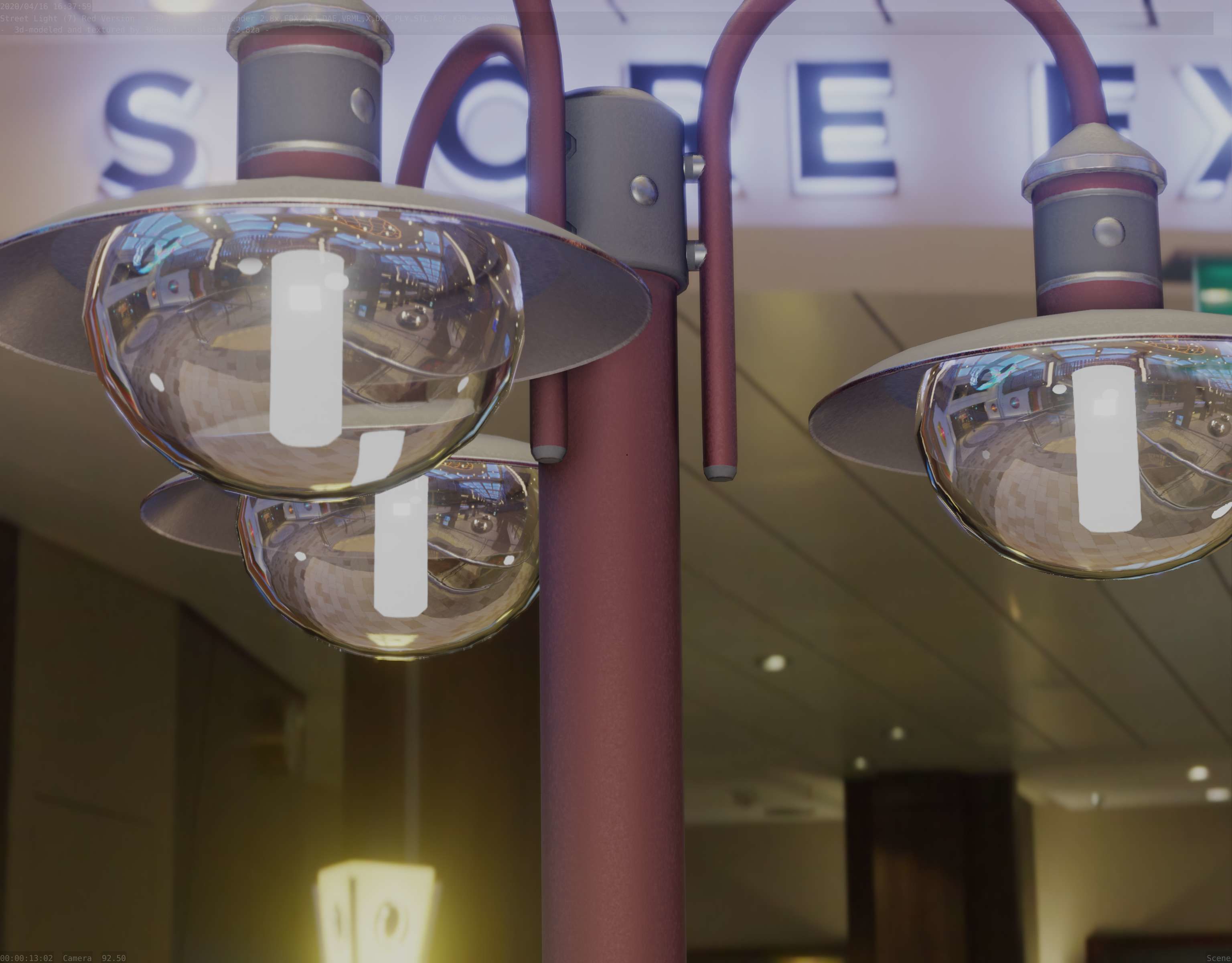 Street Light -7- Red Version -3 Lamps-  Low-poly 3D model_21