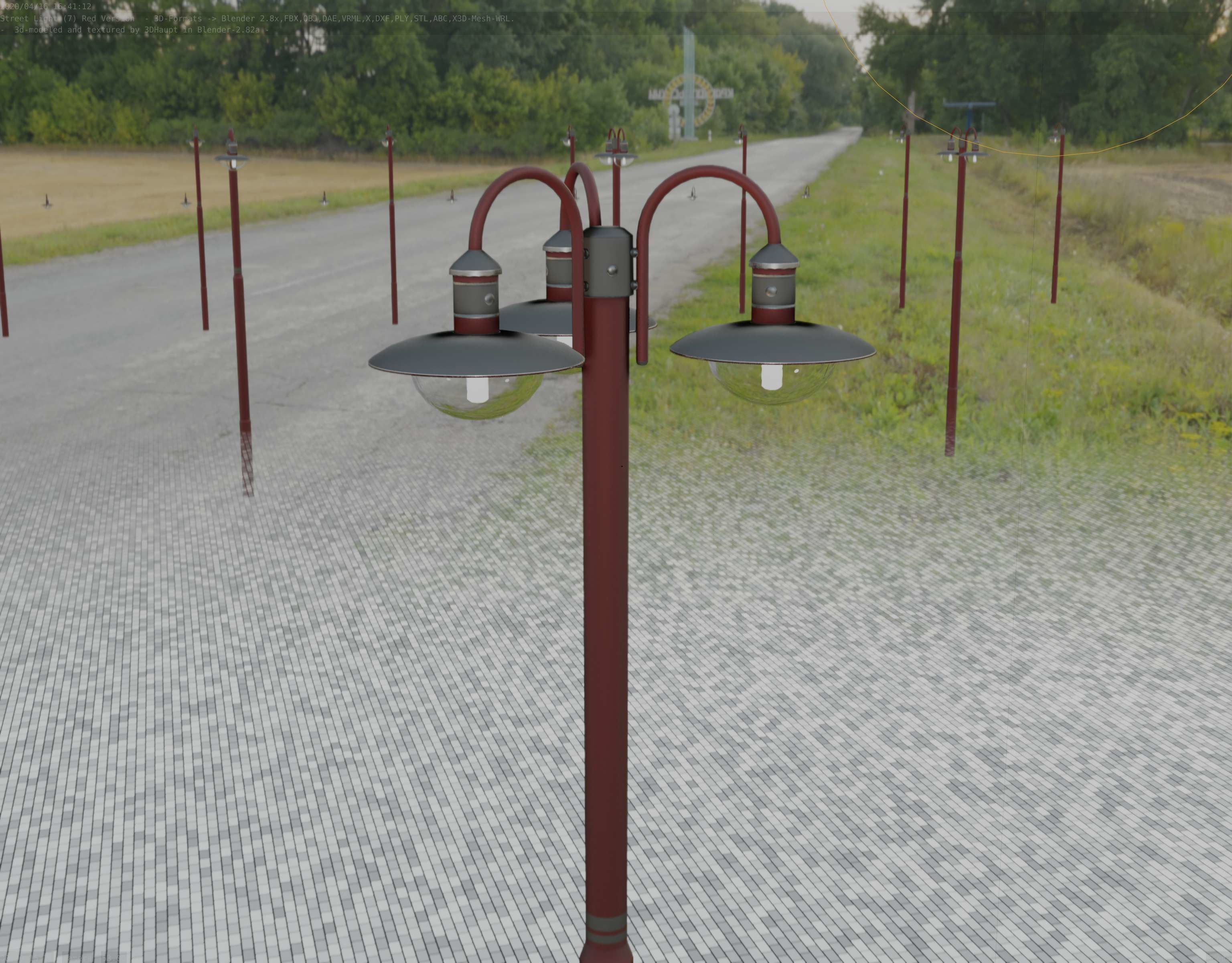 Street Light -7- Red Version -3 Lamps-  Low-poly 3D model_83