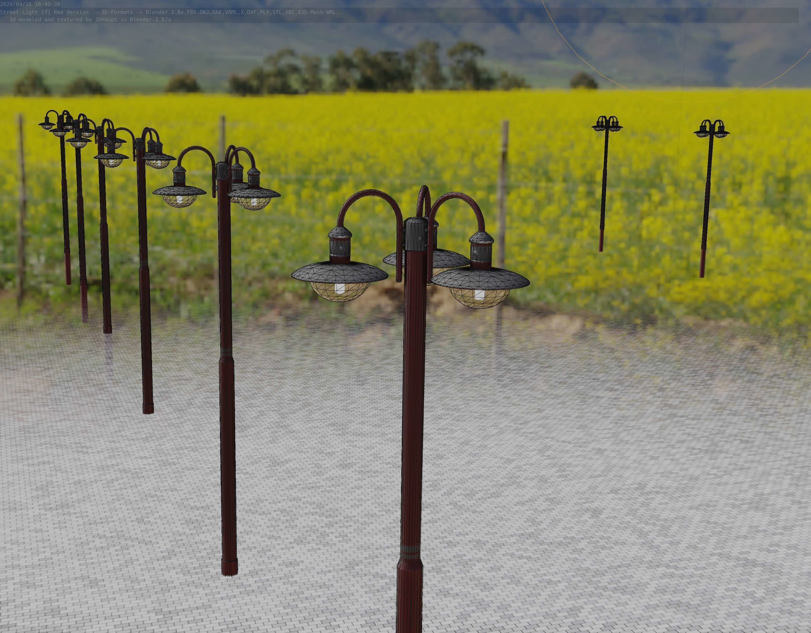 Street Light -7- Red Version -3 Lamps-  Low-poly 3D model_69