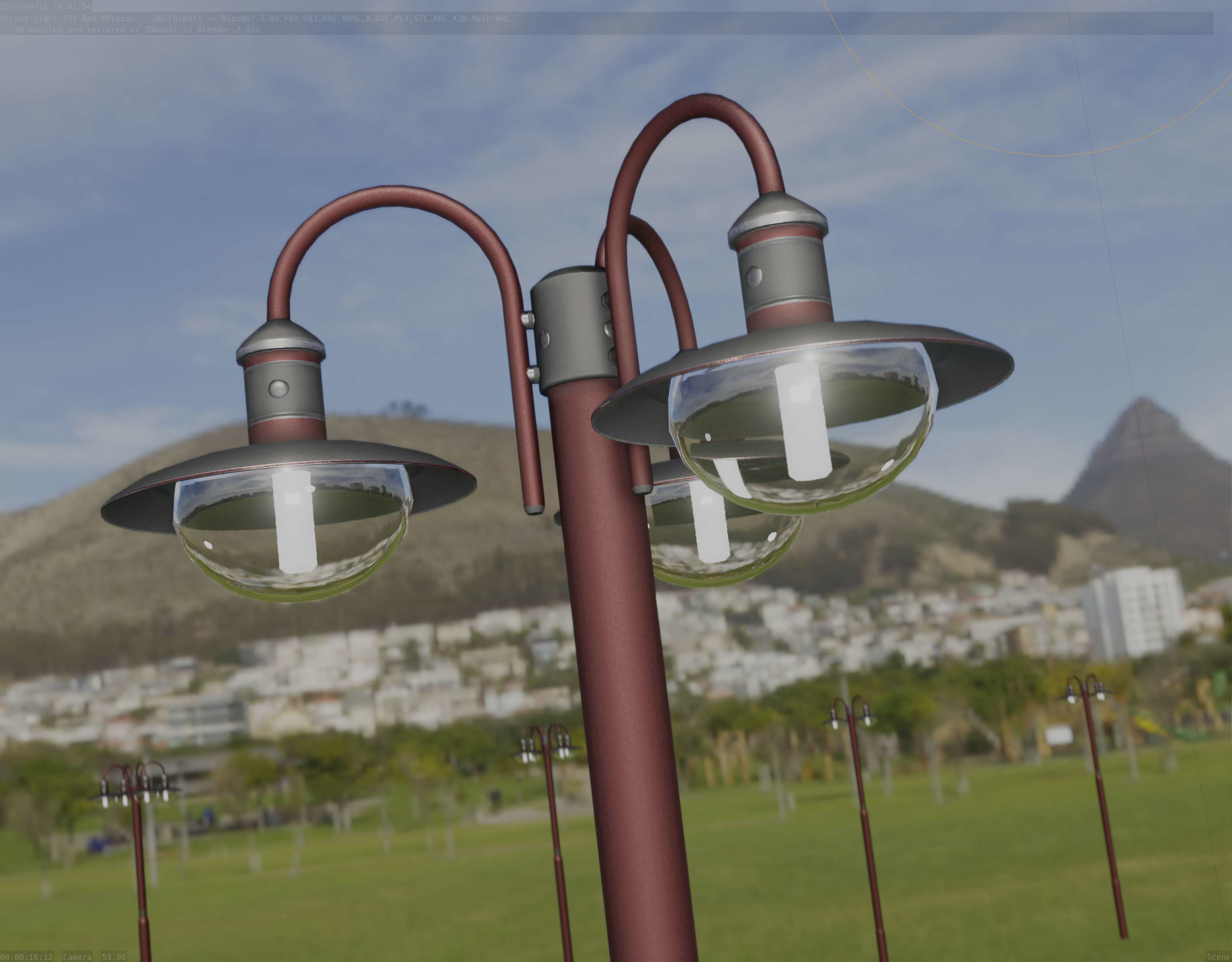 Street Light -7- Red Version -3 Lamps-  Low-poly 3D model_4