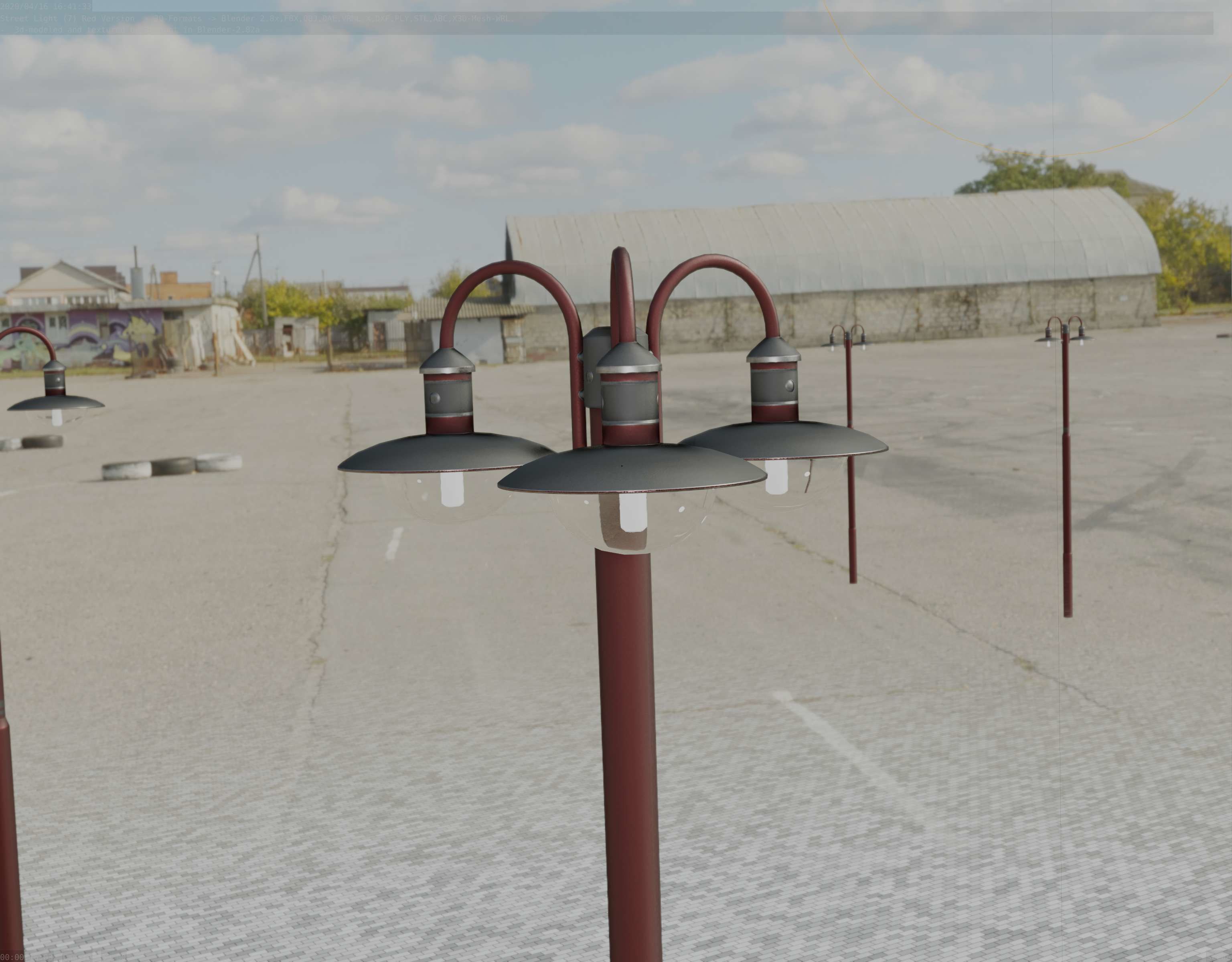 Street Light -7- Red Version -3 Lamps-  Low-poly 3D model_92