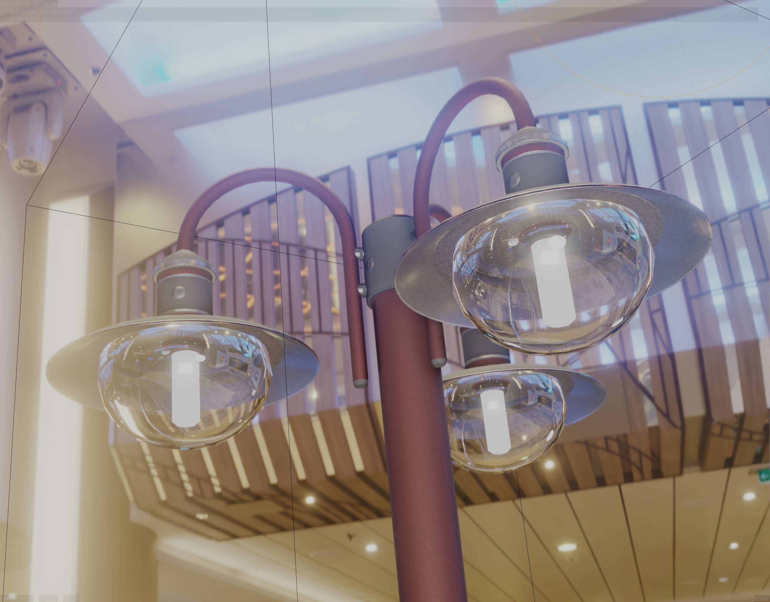 Street Light -7- Red Version -3 Lamps-  Low-poly 3D model_50