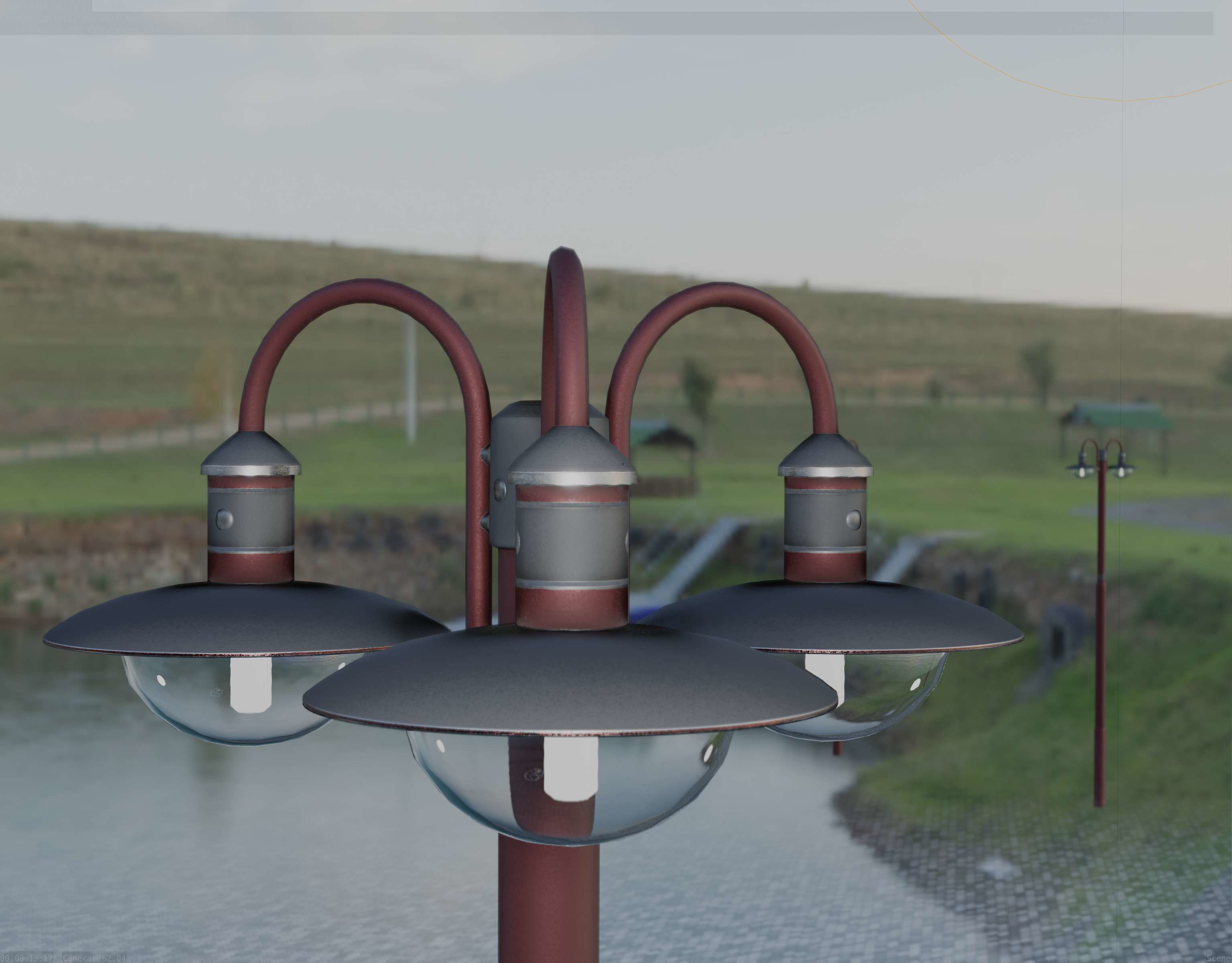 Street Light -7- Red Version -3 Lamps-  Low-poly 3D model_37