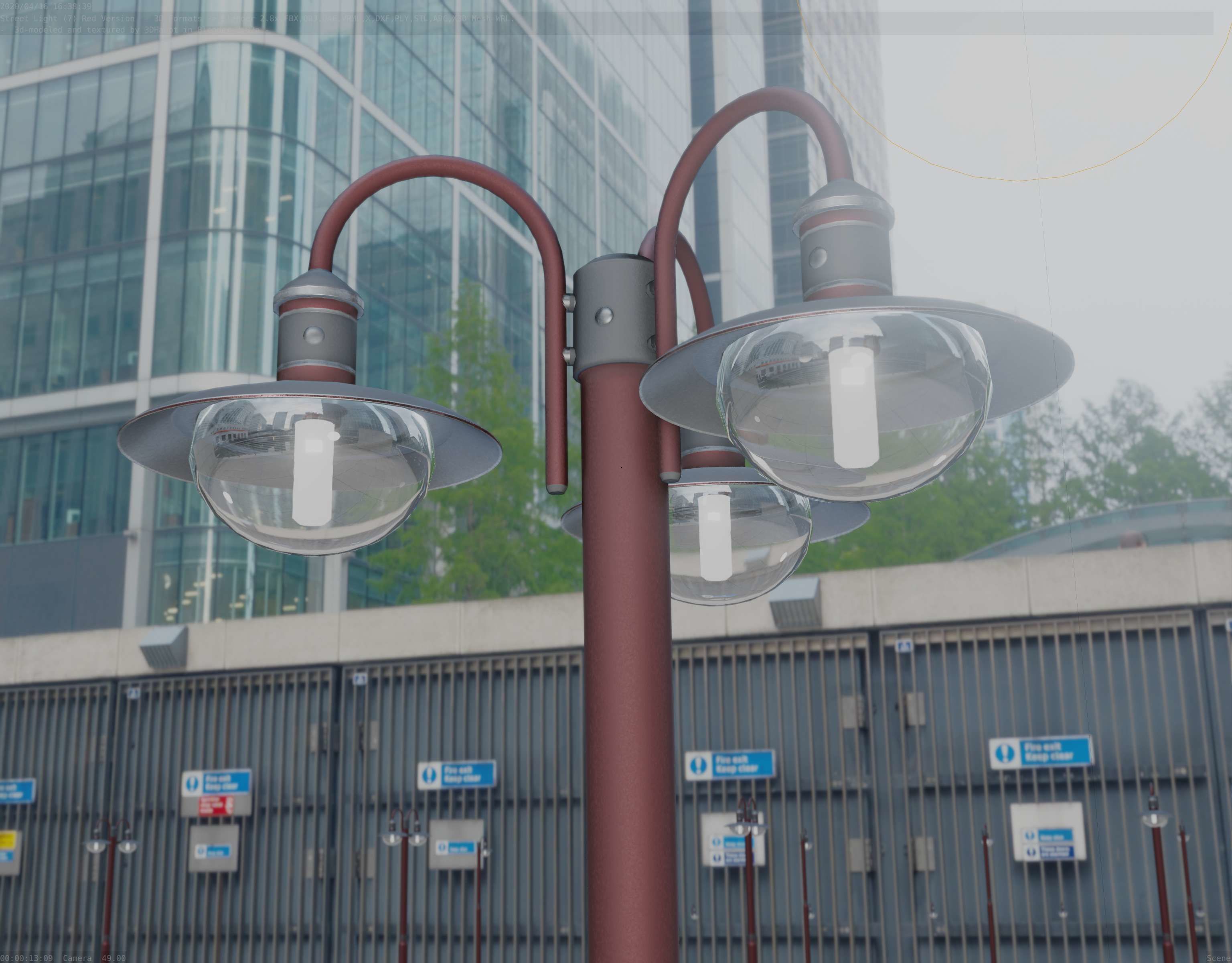 Street Light -7- Red Version -3 Lamps-  Low-poly 3D model_27