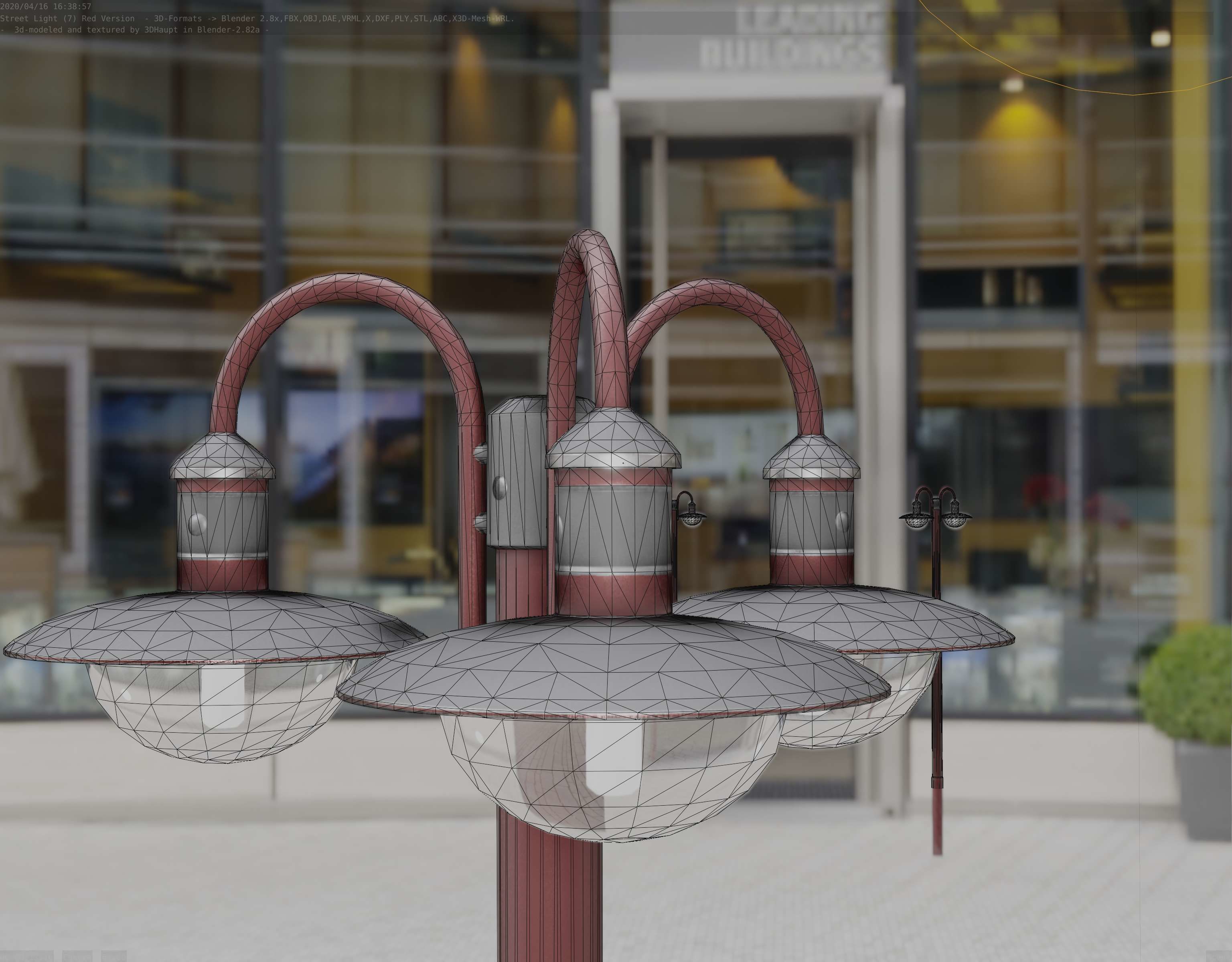 Street Light -7- Red Version -3 Lamps-  Low-poly 3D model_36