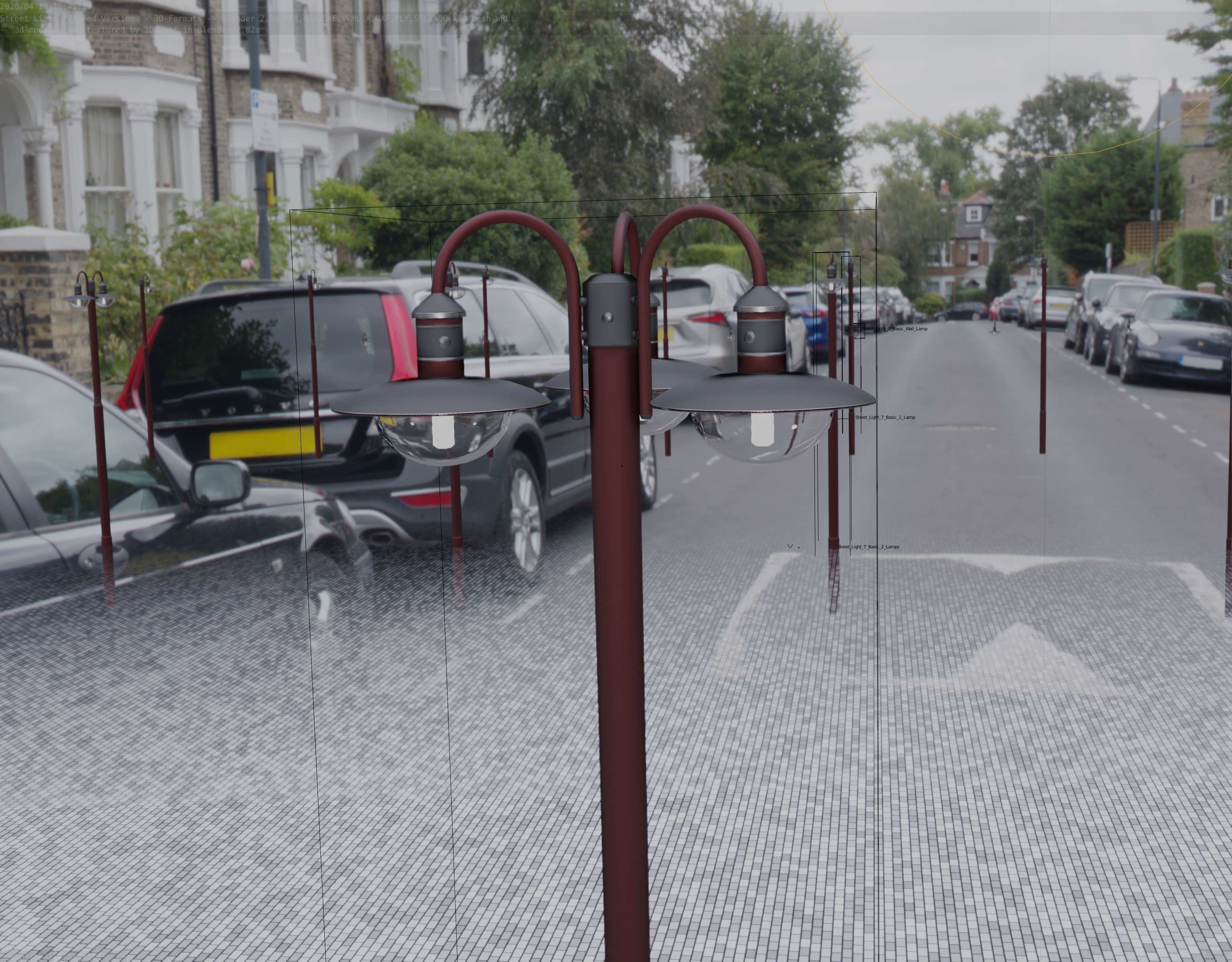 Street Light -7- Red Version -3 Lamps-  Low-poly 3D model_86