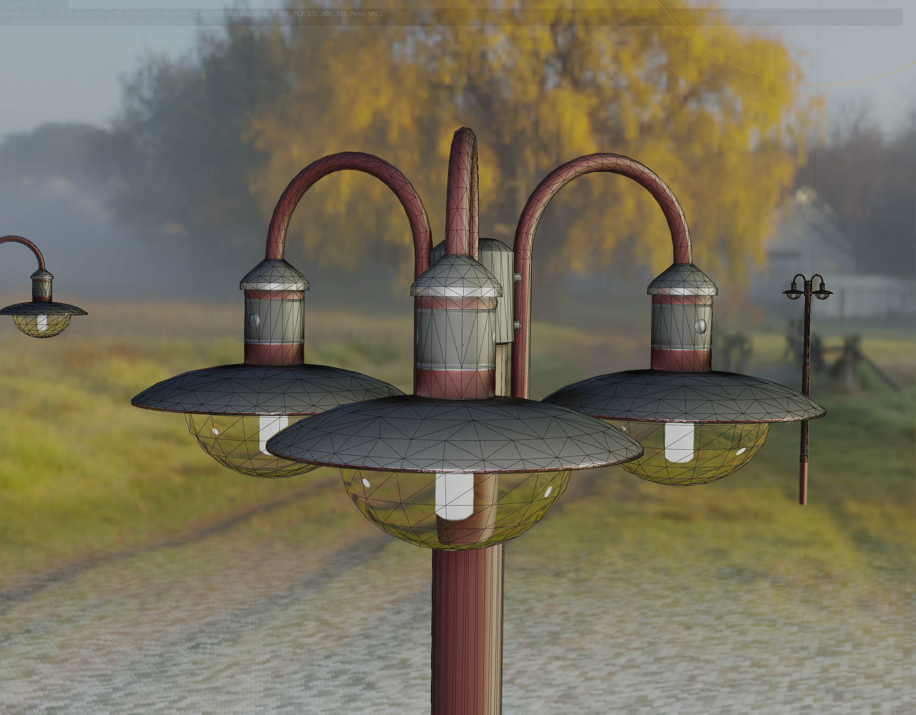 Street Light -7- Red Version -3 Lamps-  Low-poly 3D model_3