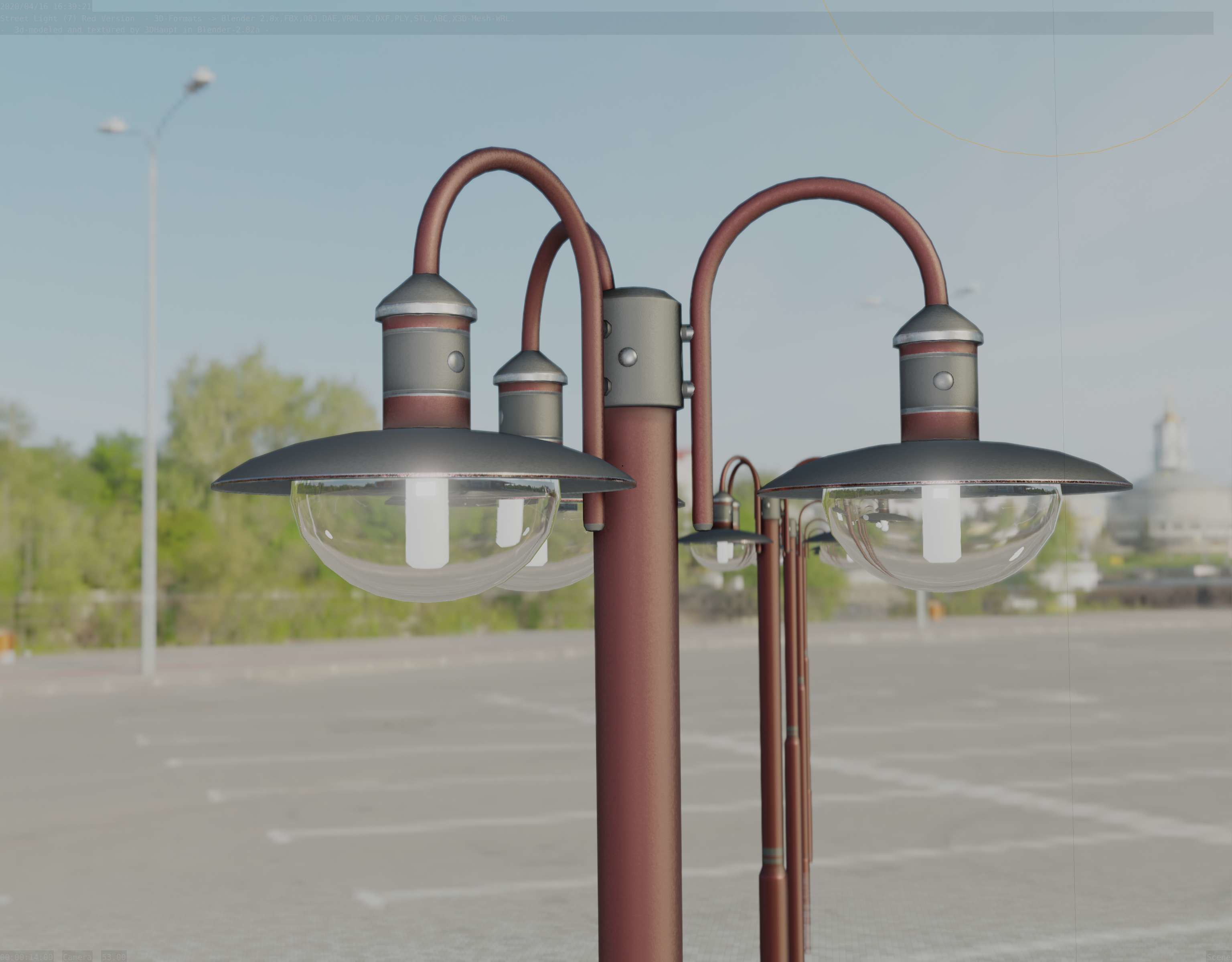 Street Light -7- Red Version -3 Lamps-  Low-poly 3D model_42