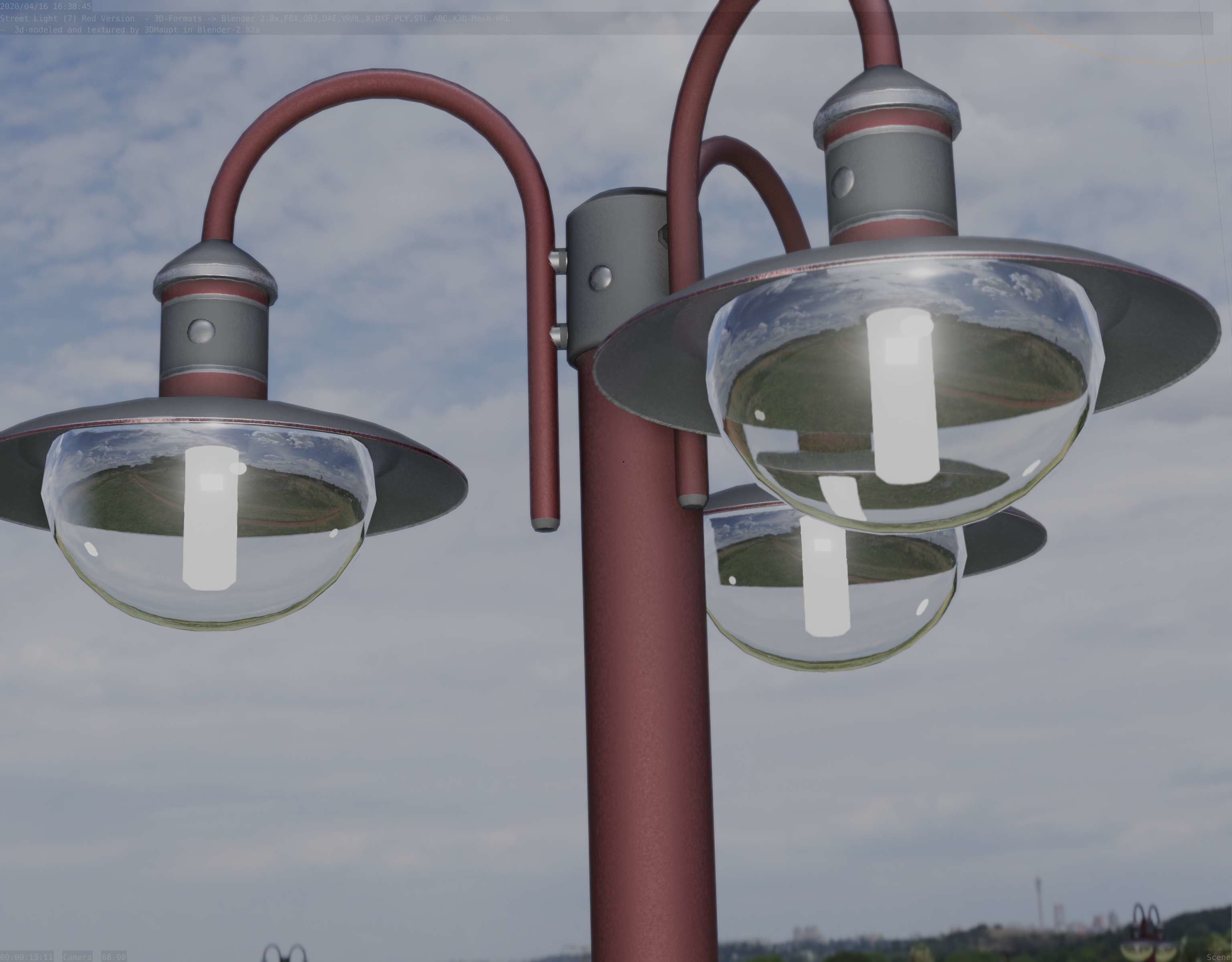 Street Light -7- Red Version -3 Lamps-  Low-poly 3D model_29