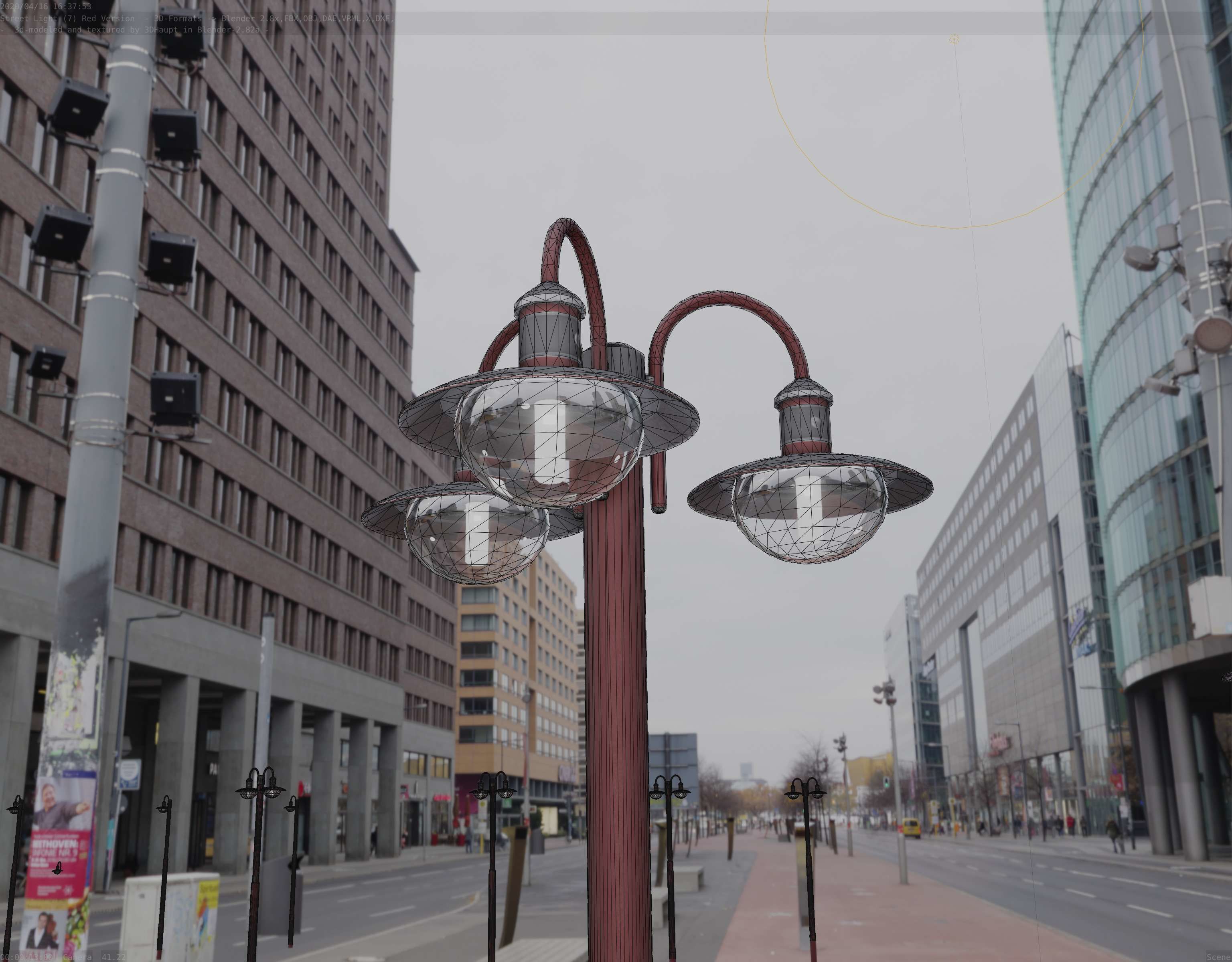 Street Light -7- Red Version -3 Lamps-  Low-poly 3D model_19