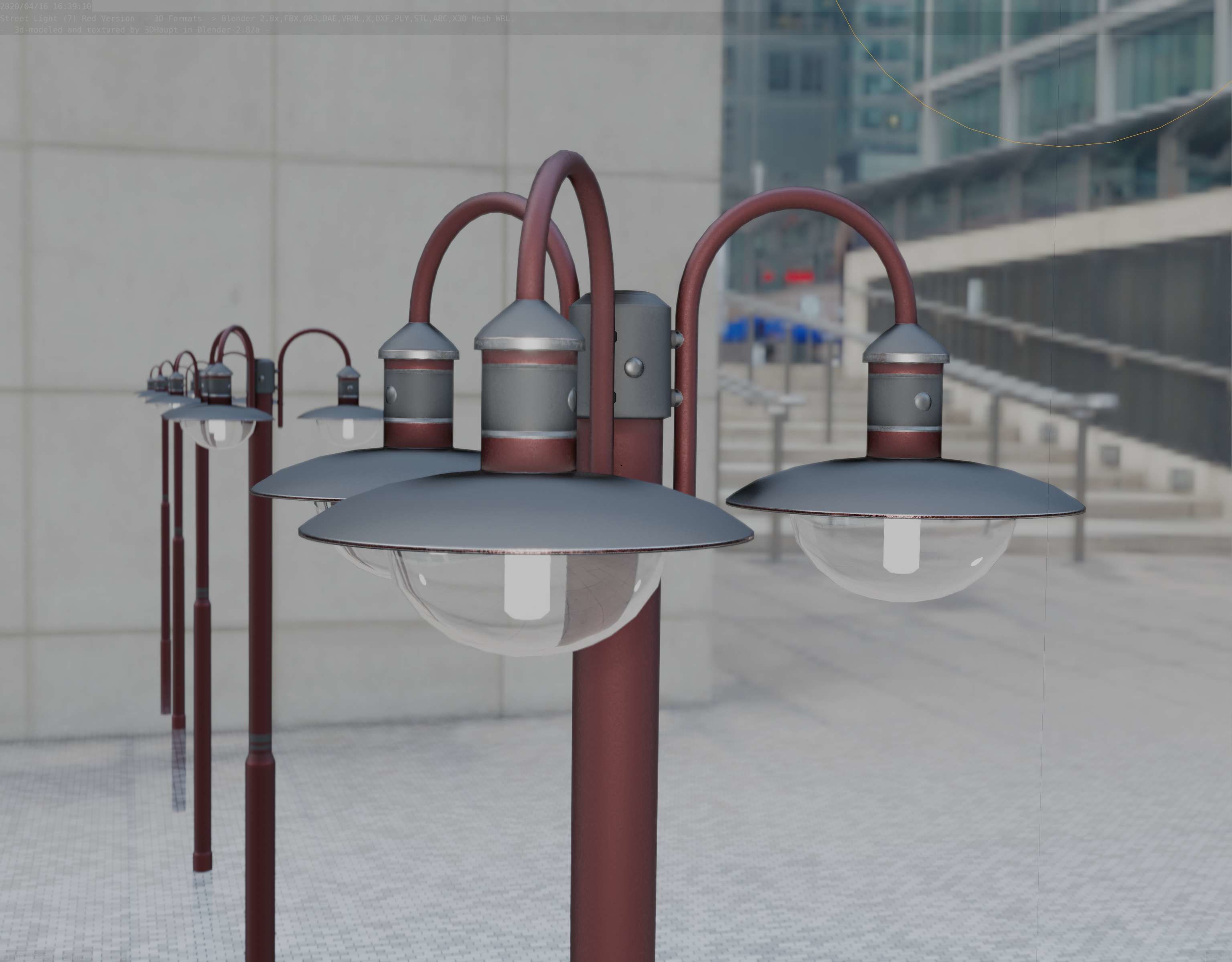 Street Light -7- Red Version -3 Lamps-  Low-poly 3D model_38