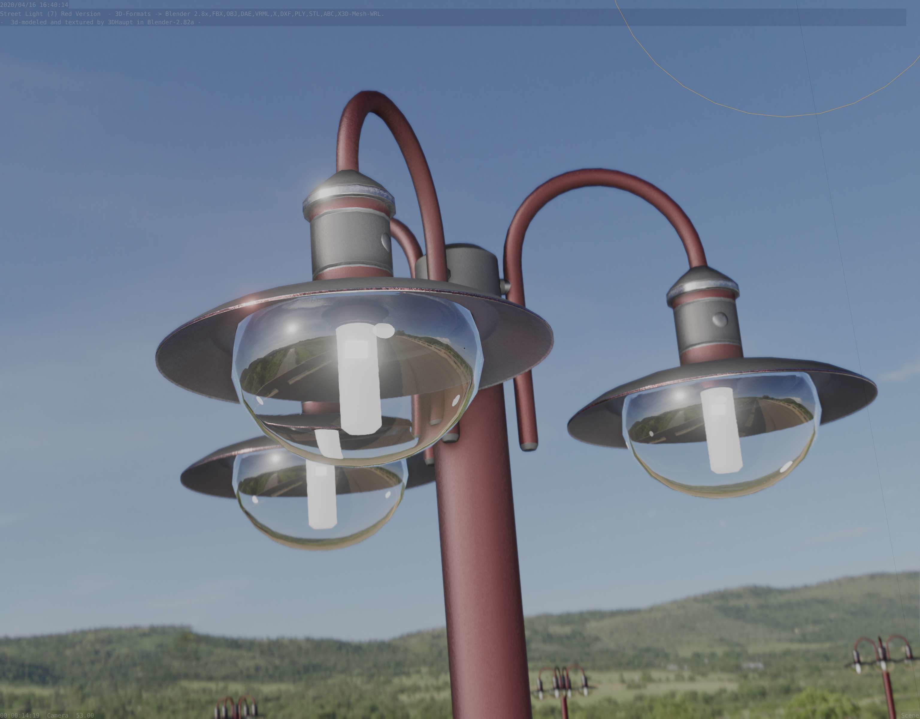 Street Light -7- Red Version -3 Lamps-  Low-poly 3D model_60