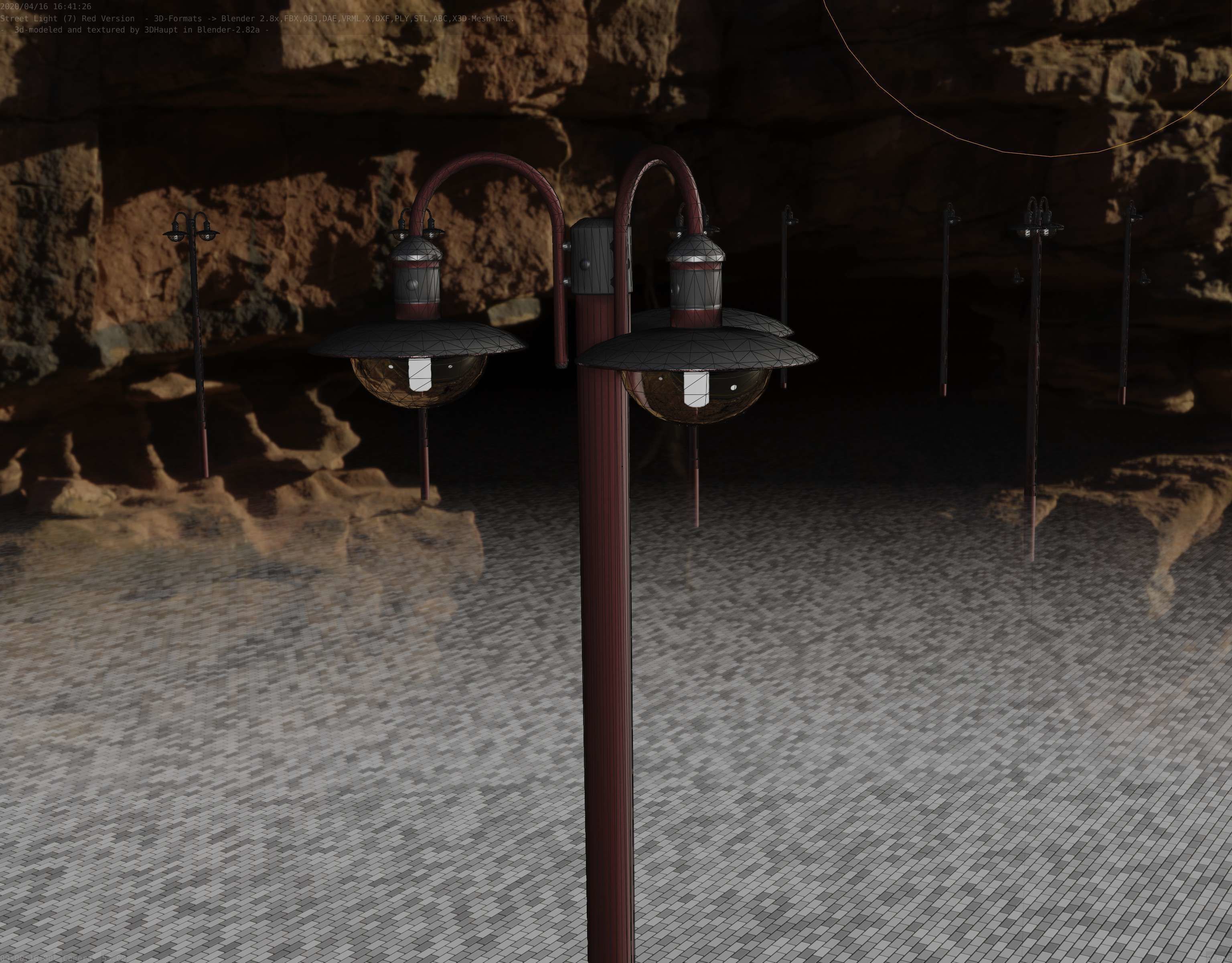 Street Light -7- Red Version -3 Lamps-  Low-poly 3D model_89