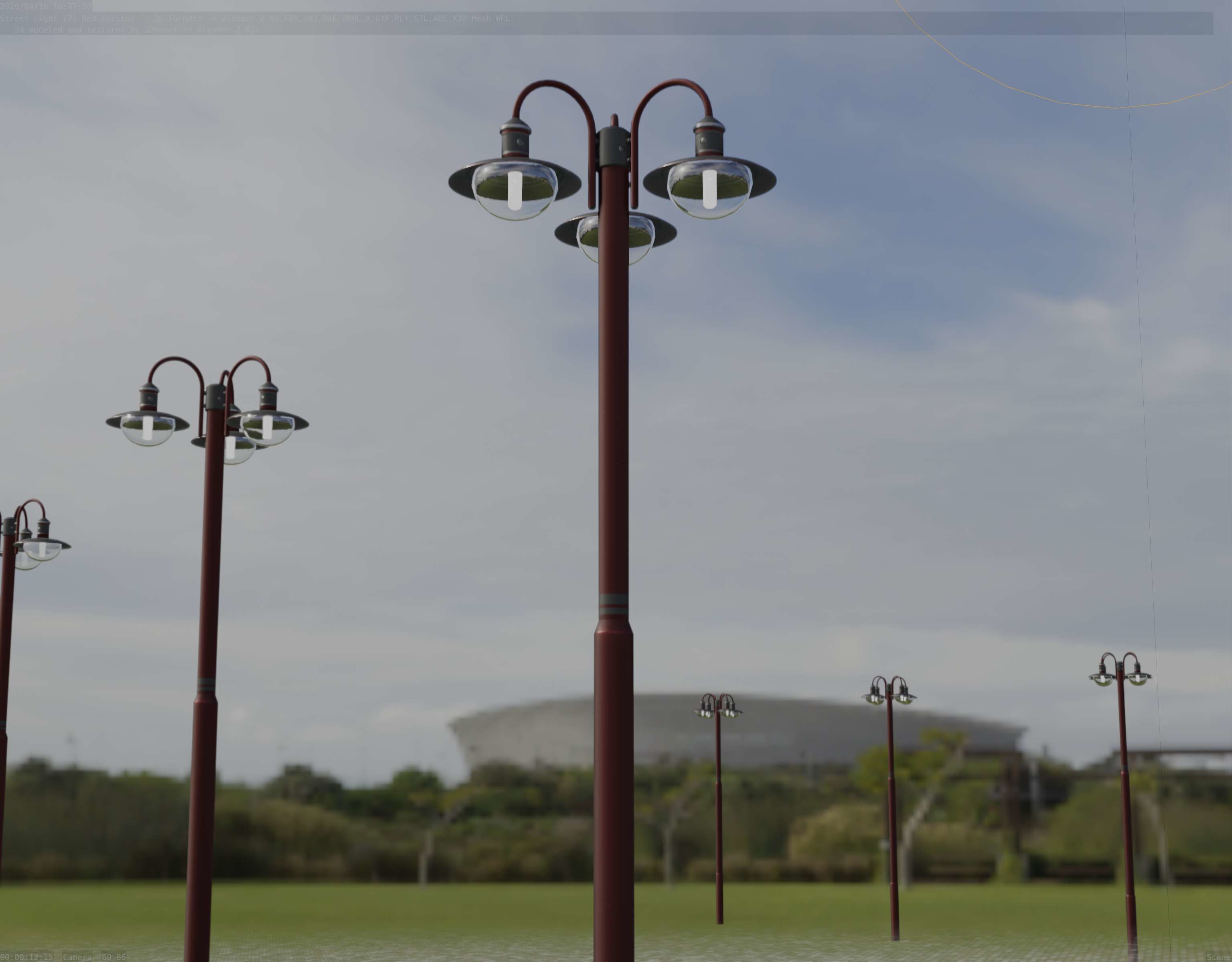Street Light -7- Red Version -3 Lamps-  Low-poly 3D model_13